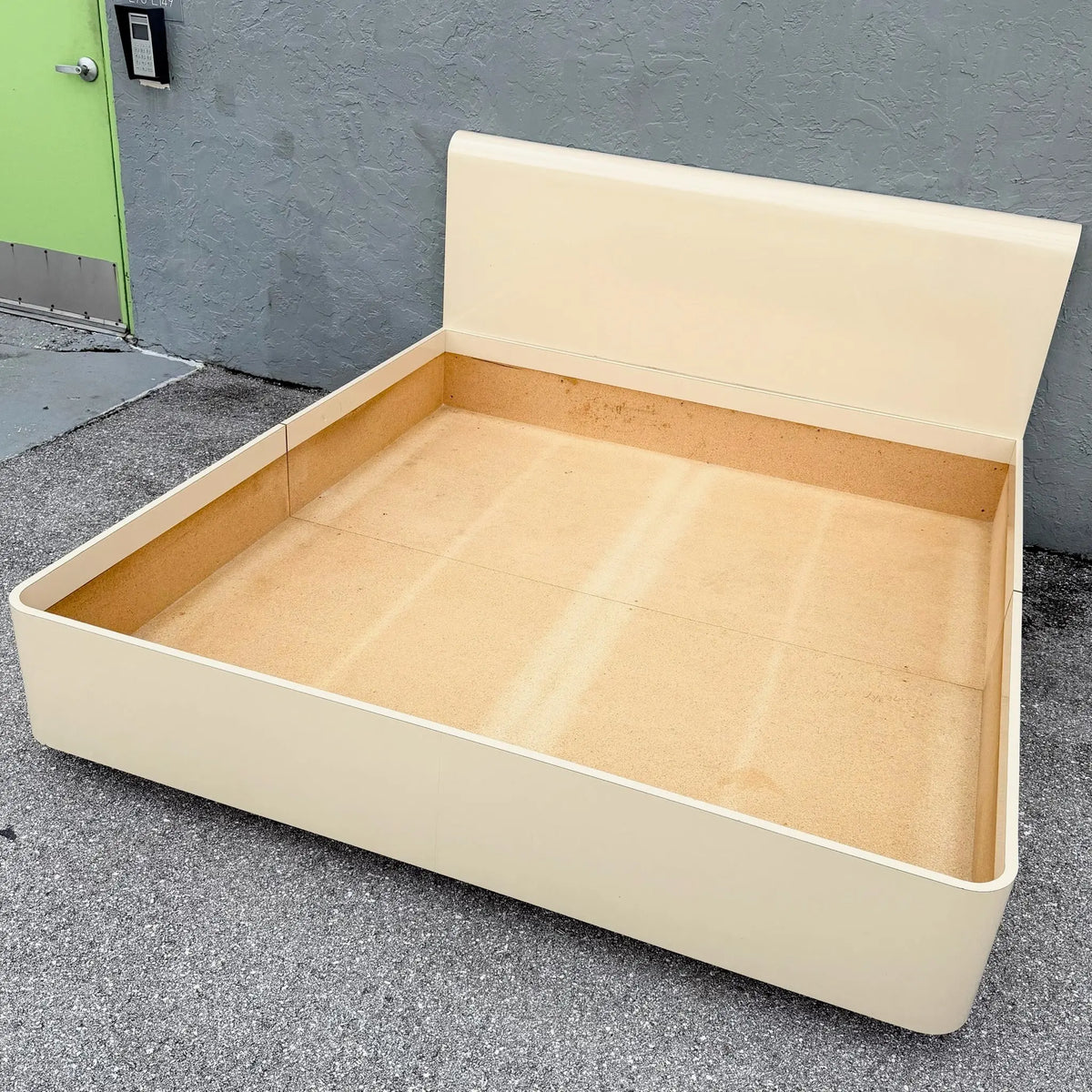 Postmodern Cream Lacquer Laminate King Size Bed Frame Dolphin & Flamingo
