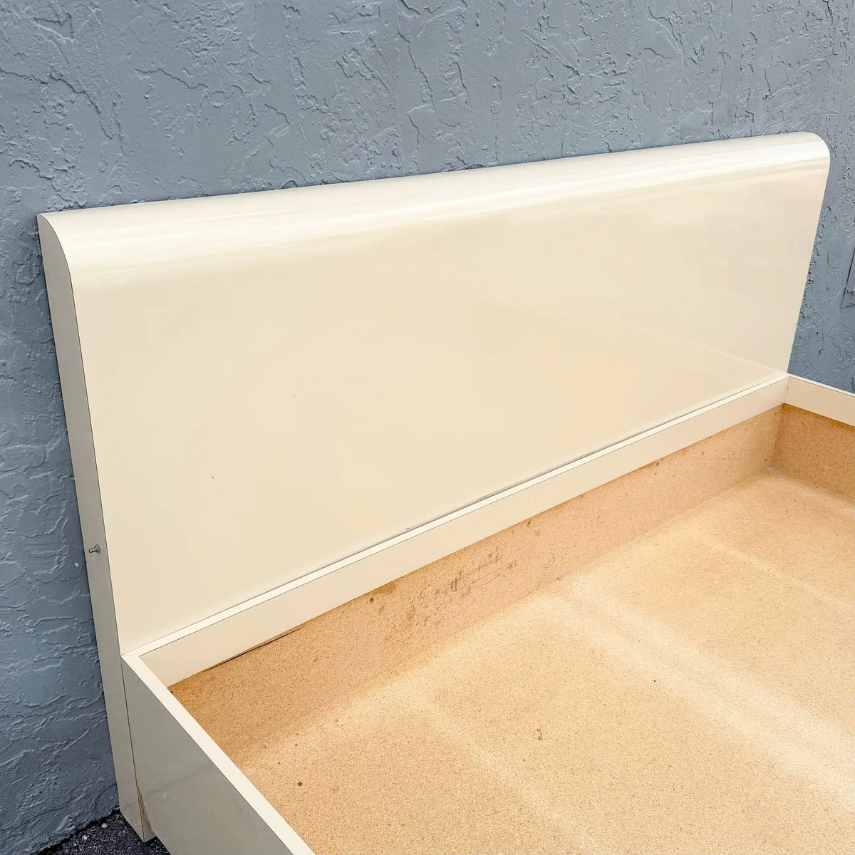 Postmodern Cream Lacquer Laminate King Size Bed Frame Dolphin & Flamingo