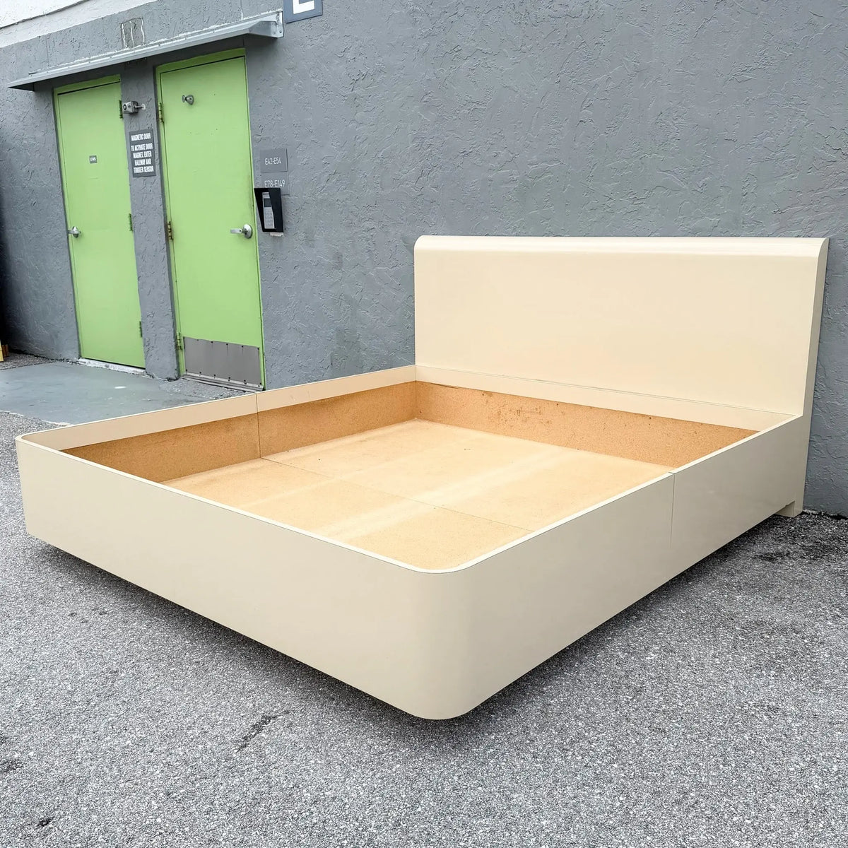 Postmodern Cream Lacquer Laminate King Size Bed Frame Dolphin & Flamingo
