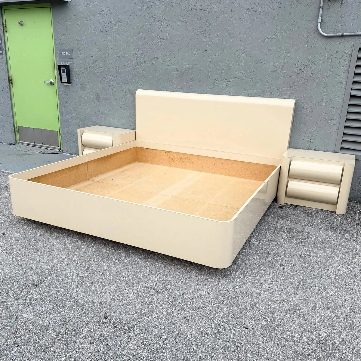 Postmodern Cream Lacquer Laminate King Size Bed Frame Dolphin & Flamingo