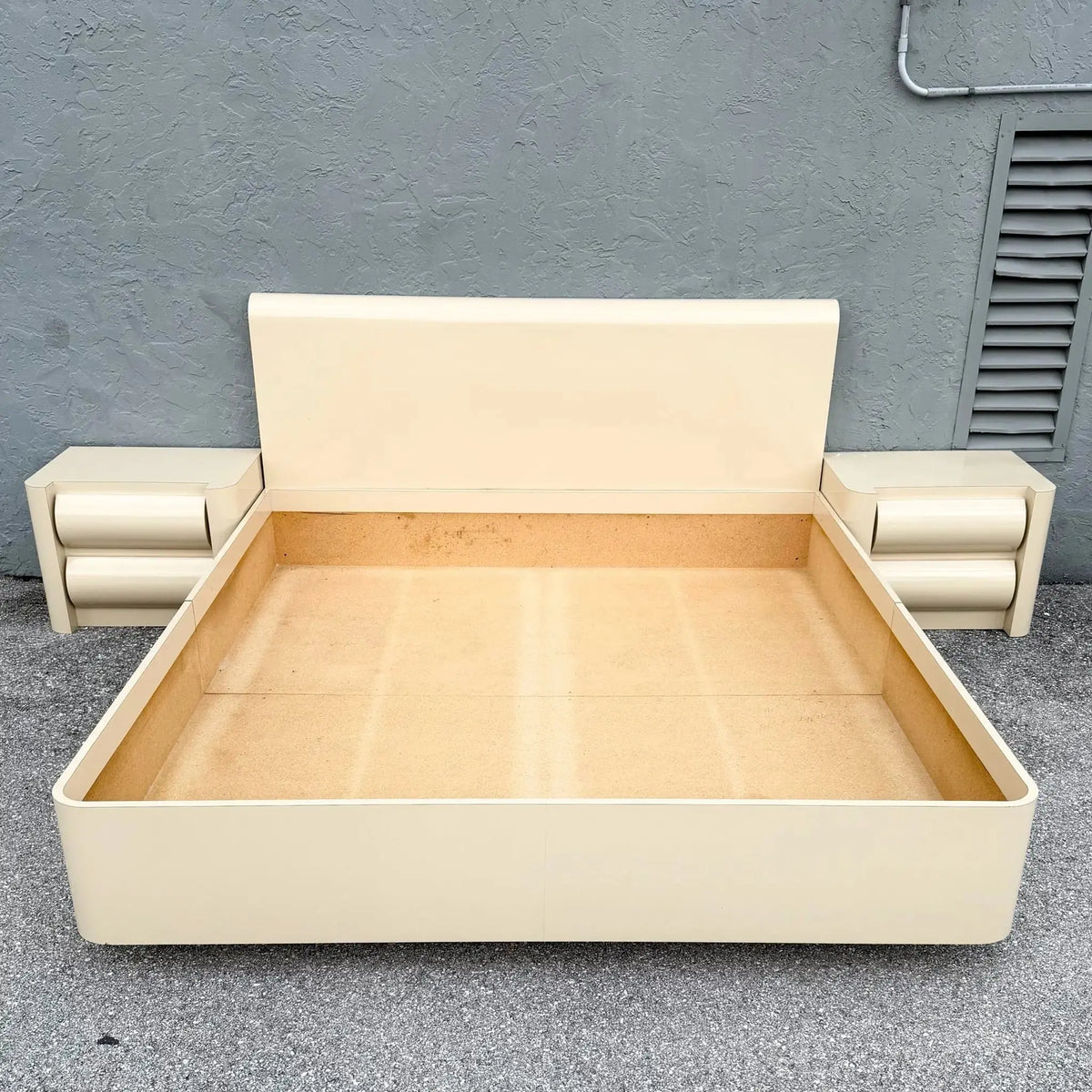 Postmodern Cream Lacquer Laminate King Size Bed Frame Dolphin & Flamingo