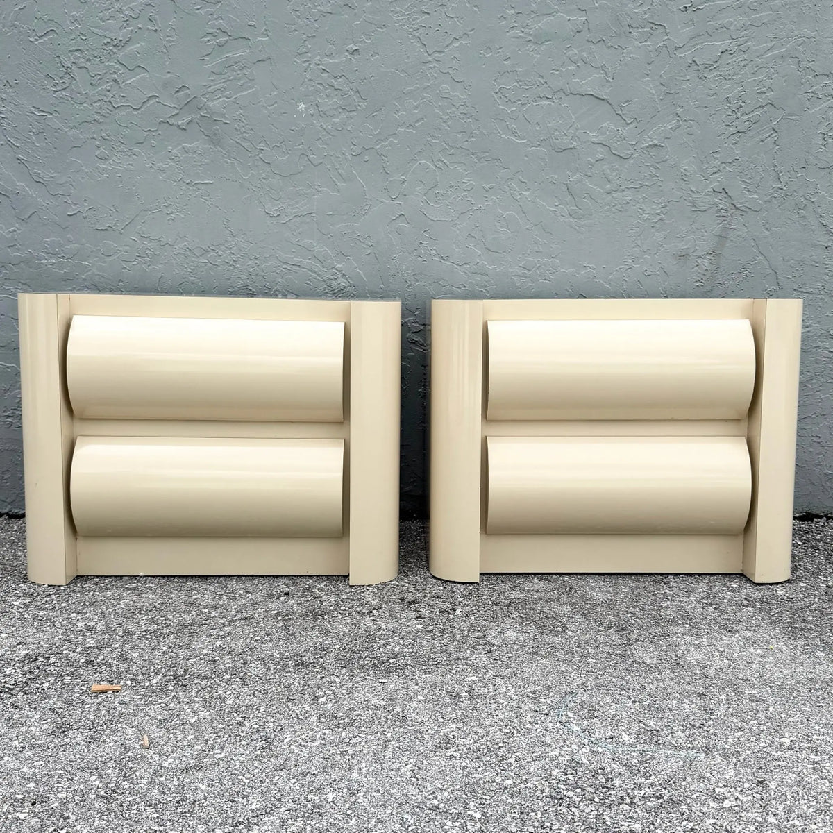 Pair of Postmodern Cream Bullnose Nightstands Dolphin & Flamingo