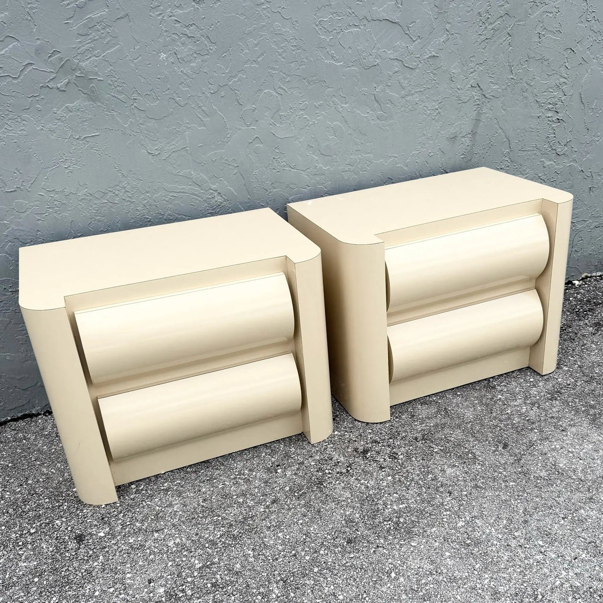 Pair of Postmodern Cream Bullnose Nightstands Dolphin & Flamingo