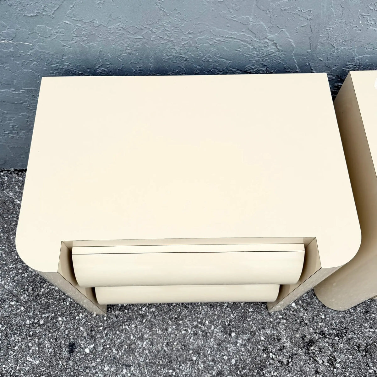 Pair of Postmodern Cream Bullnose Nightstands Dolphin & Flamingo