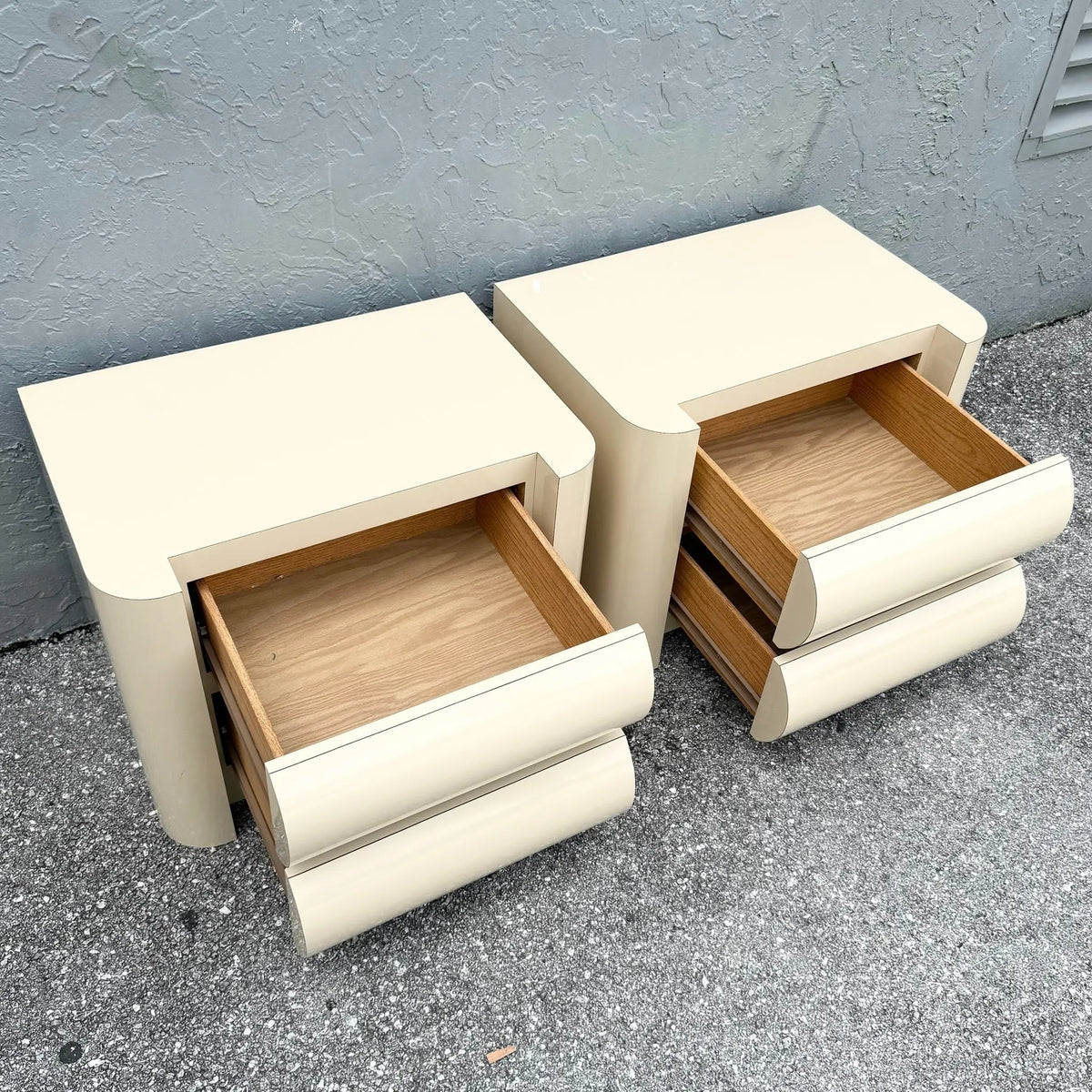 Pair of Postmodern Cream Bullnose Nightstands Dolphin & Flamingo