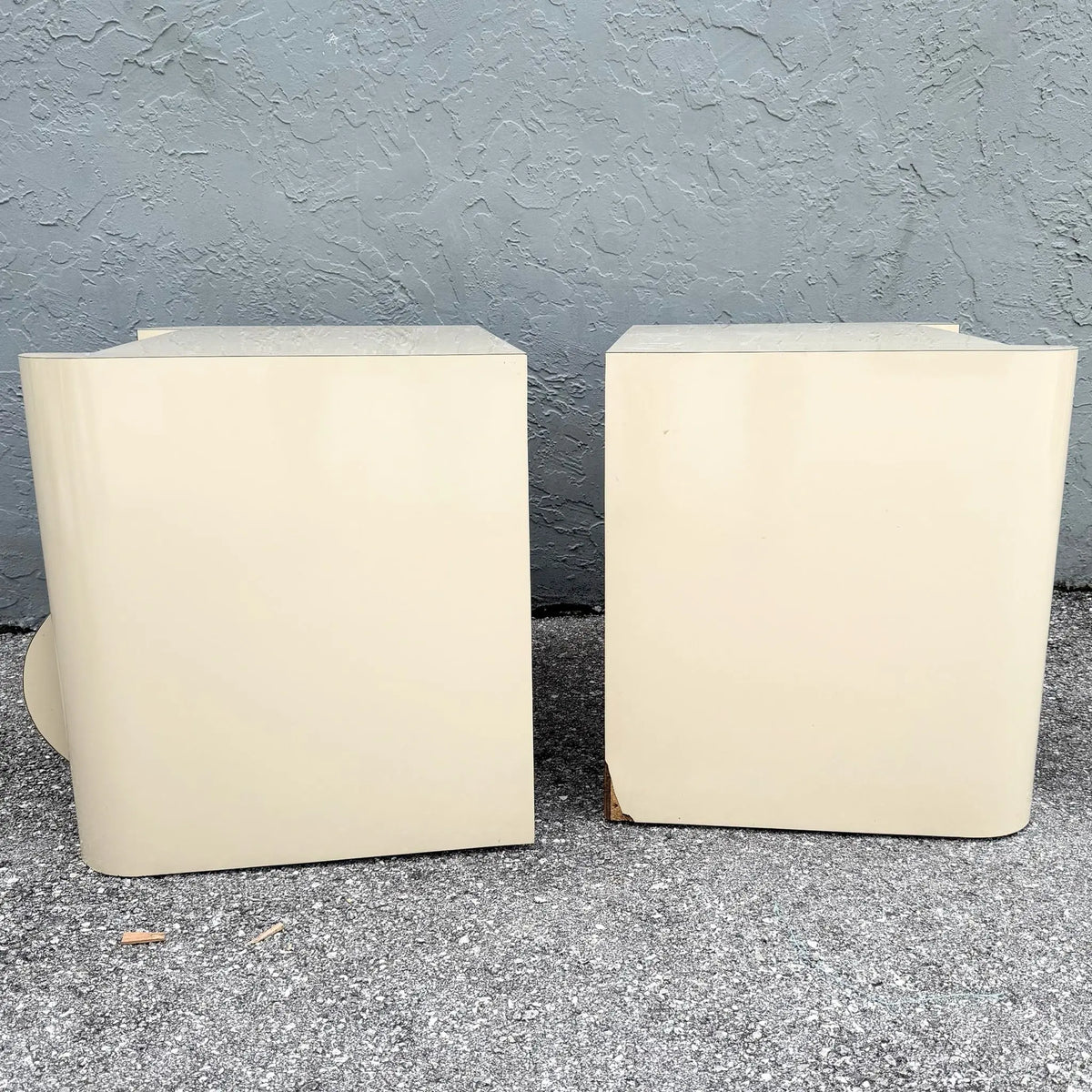 Pair of Postmodern Cream Bullnose Nightstands Dolphin & Flamingo