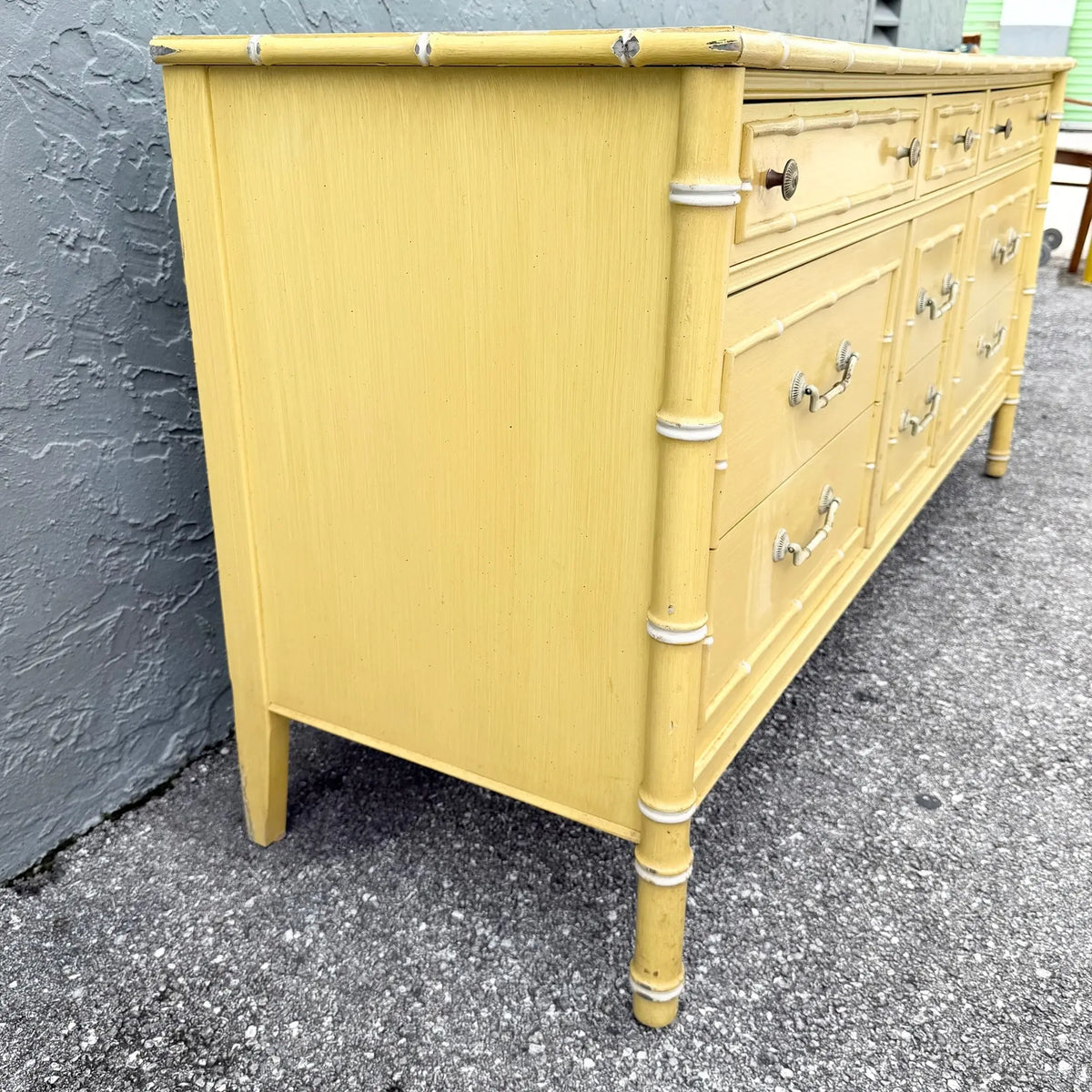 Vintage Coastal Faux Bamboo Dresser With Mirror by Thomasville Dolphin & Flamingo
