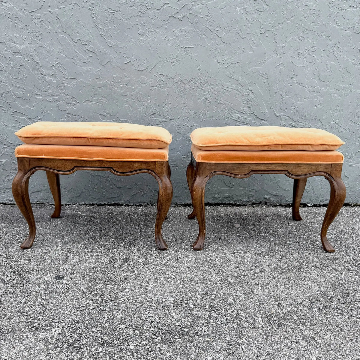 Pair of Drexel Heritage Louis XV Tufted Footstools Dolphin & Flamingo