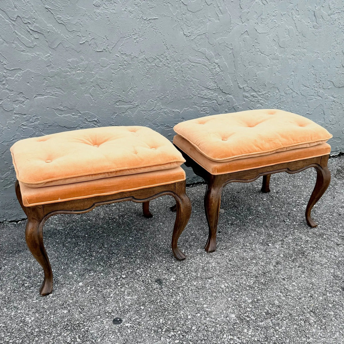 Pair of Drexel Heritage Louis XV Tufted Footstools Dolphin & Flamingo