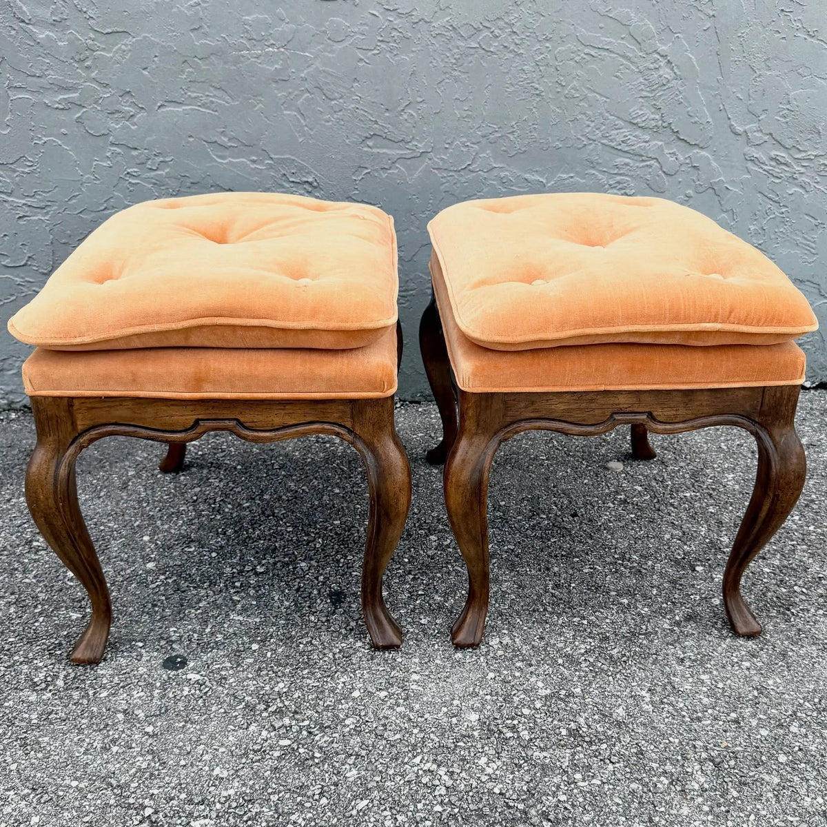 Pair of Drexel Heritage Louis XV Tufted Footstools Dolphin & Flamingo