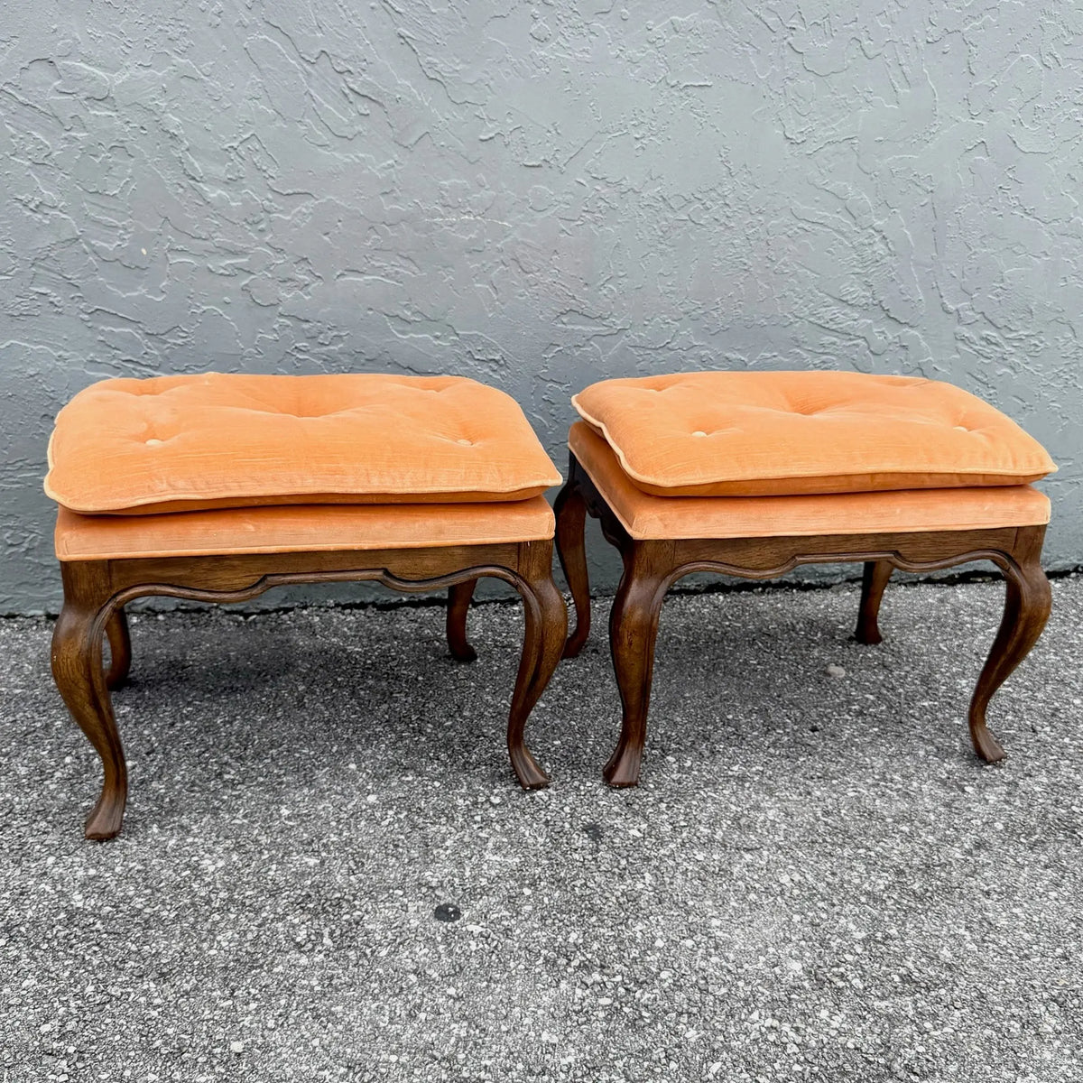 Pair of Drexel Heritage Louis XV Tufted Footstools Dolphin & Flamingo