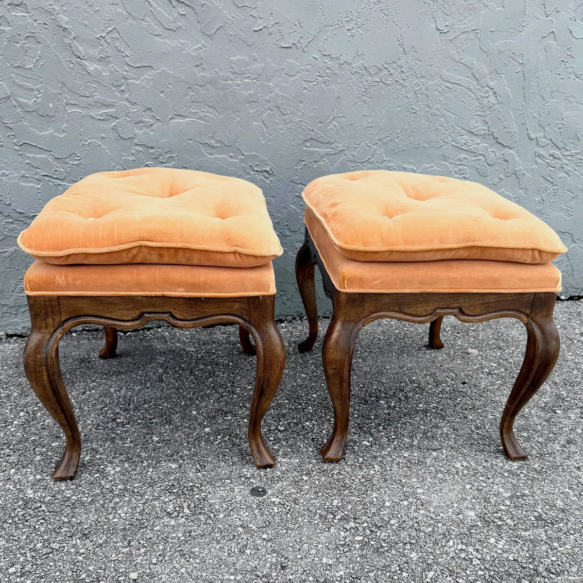 Pair of Drexel Heritage Louis XV Tufted Footstools Dolphin & Flamingo