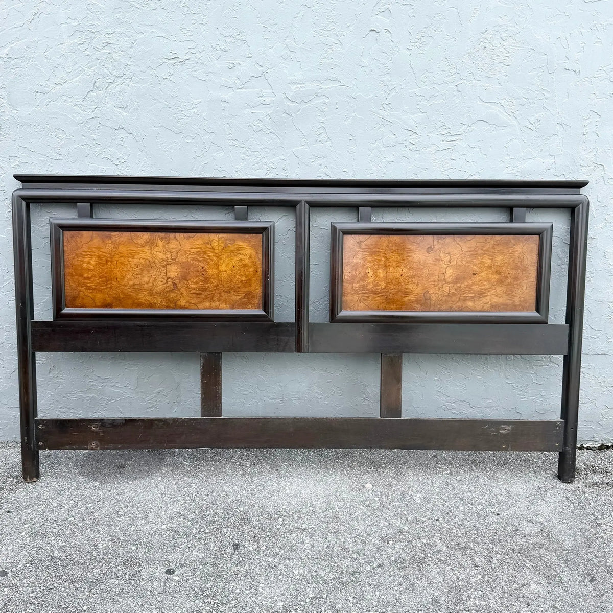 Vintage Chinoiserie Black and Burlwood King Size Headboard Dolphin & Flamingo
