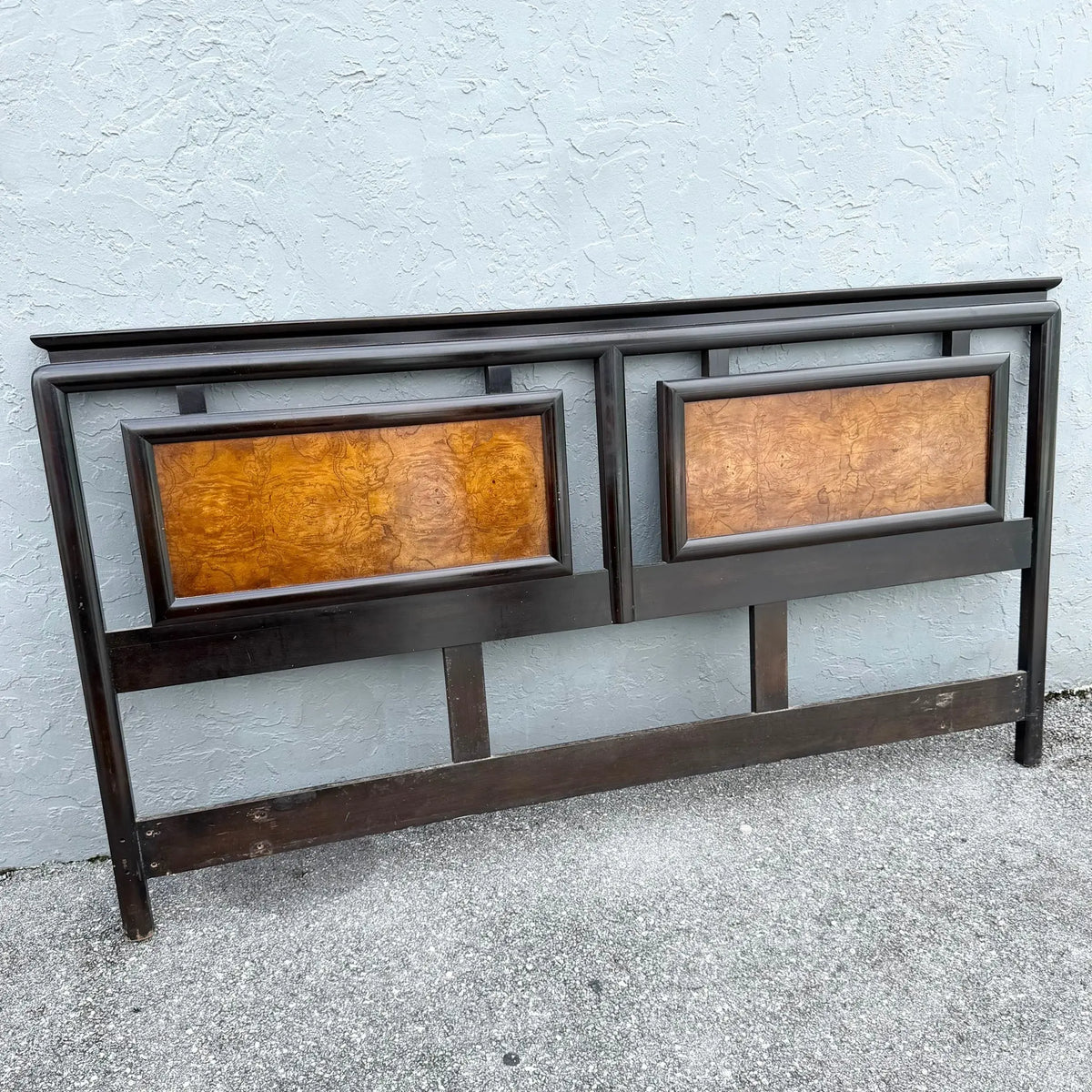 Vintage Chinoiserie Black and Burlwood King Size Headboard Dolphin & Flamingo