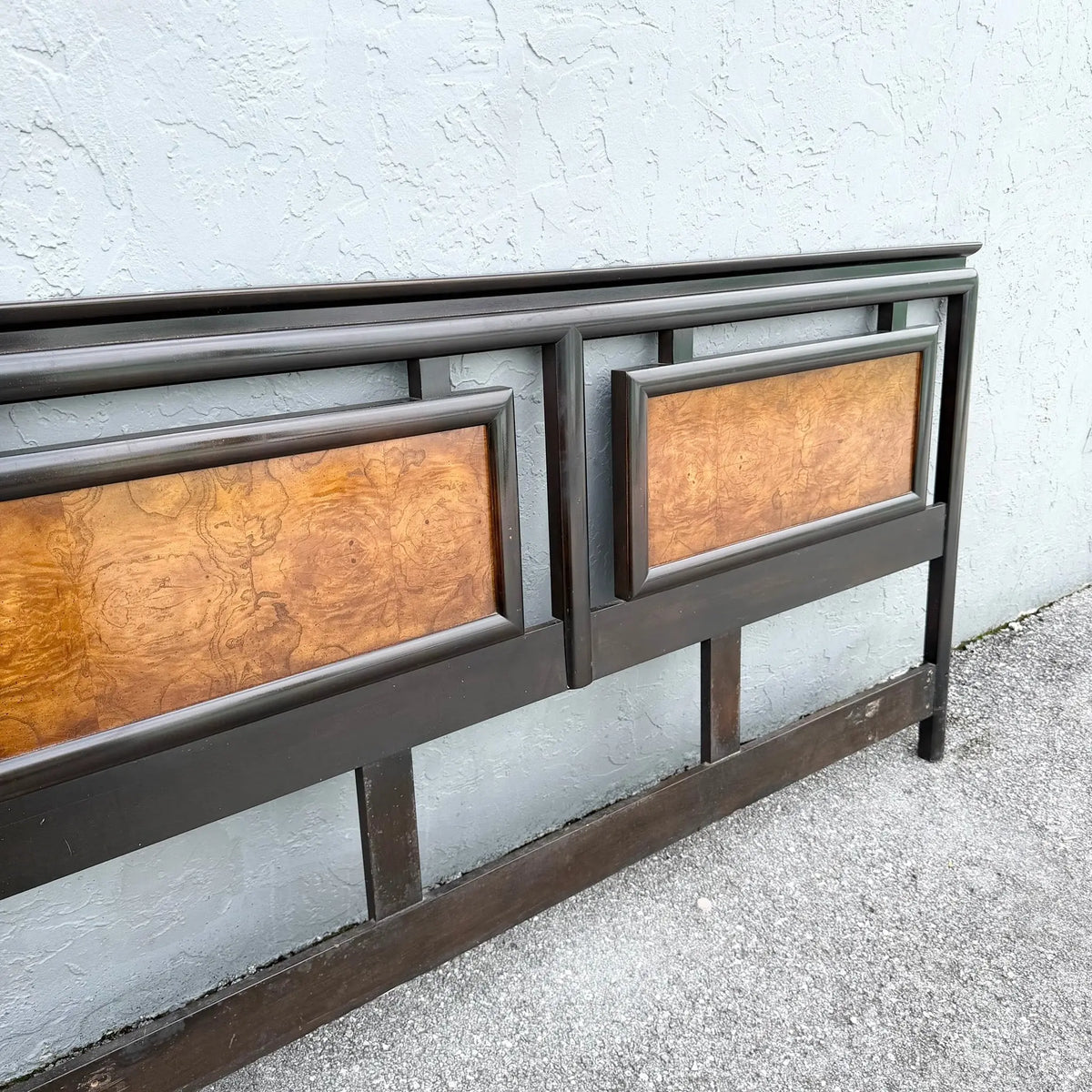 Vintage Chinoiserie Black and Burlwood King Size Headboard Dolphin & Flamingo