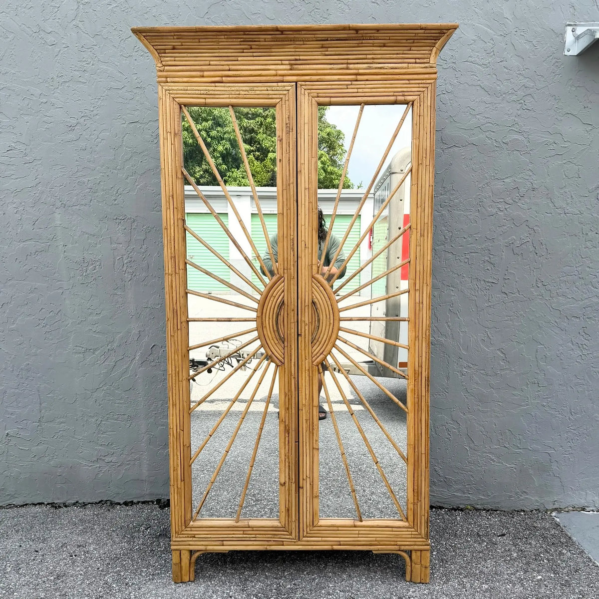 Vintage Boho Chic Penciled Mirrored Starburst Armoire Dolphin & Flamingo