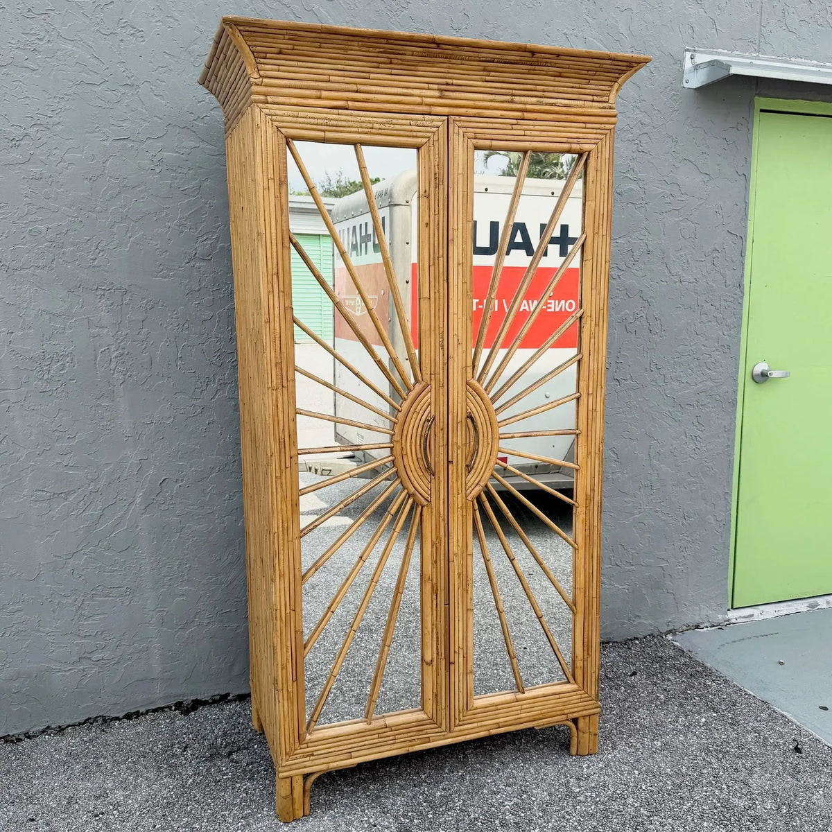 Vintage Boho Chic Penciled Mirrored Starburst Armoire Dolphin & Flamingo
