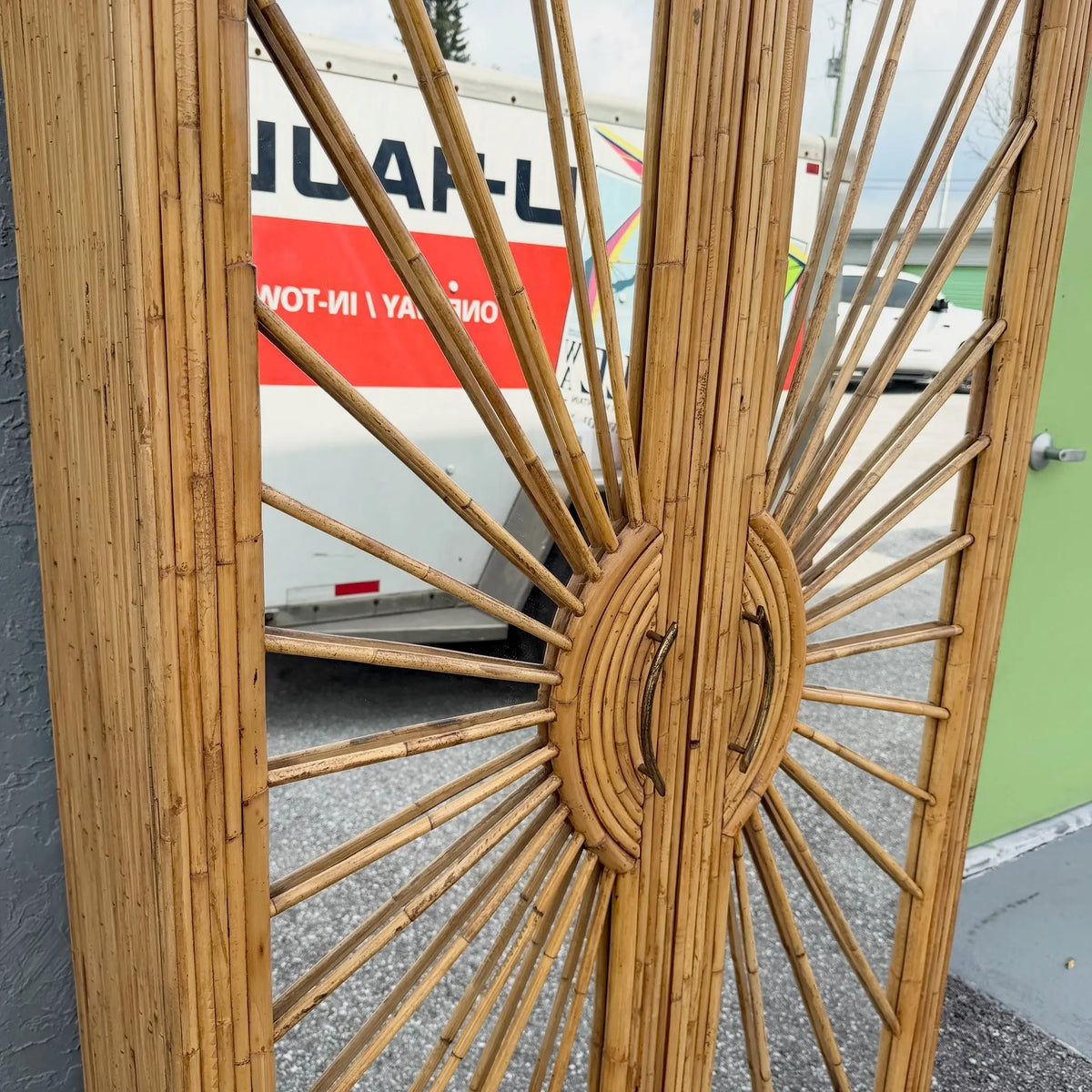 Vintage Boho Chic Penciled Mirrored Starburst Armoire Dolphin & Flamingo