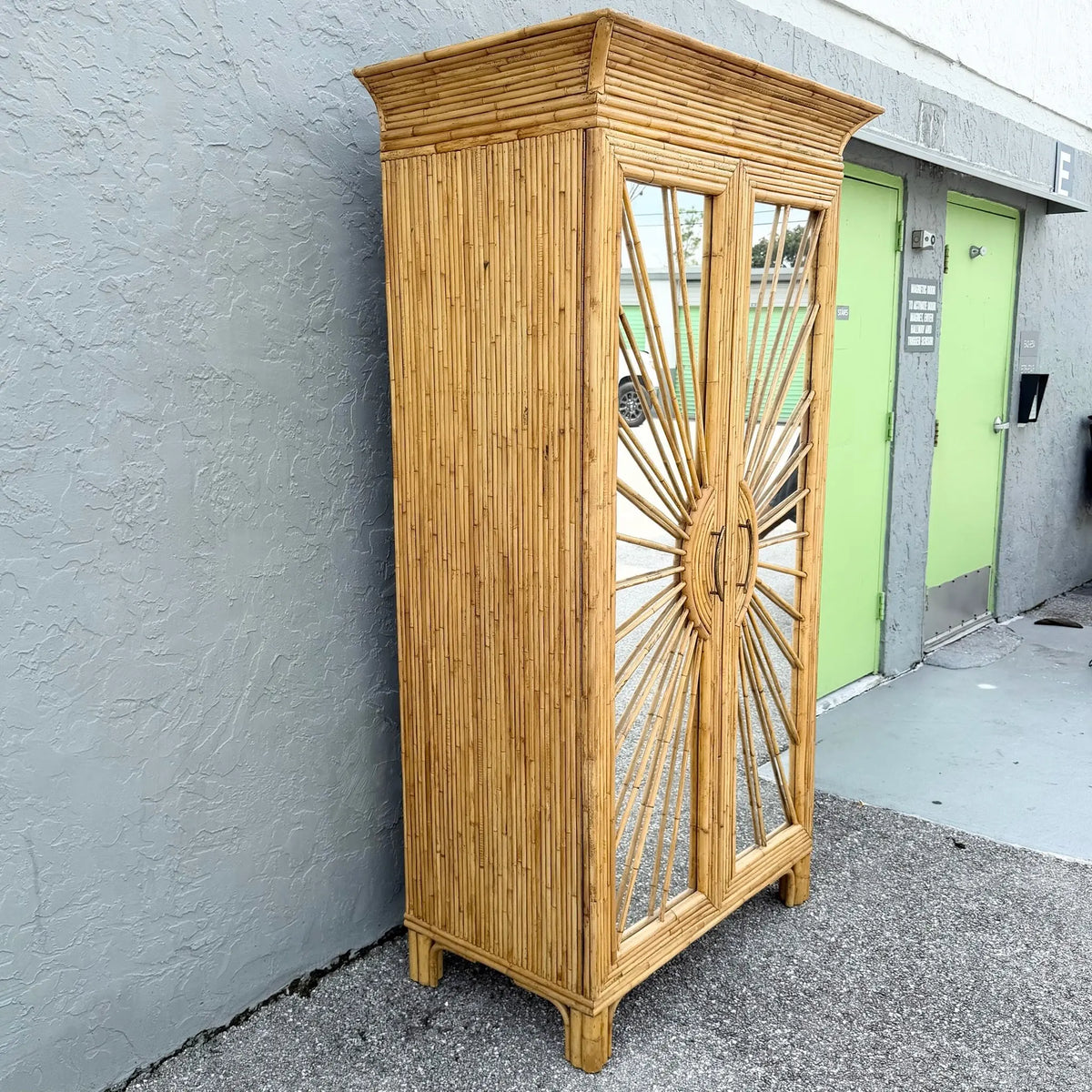 Vintage Boho Chic Penciled Mirrored Starburst Armoire Dolphin & Flamingo