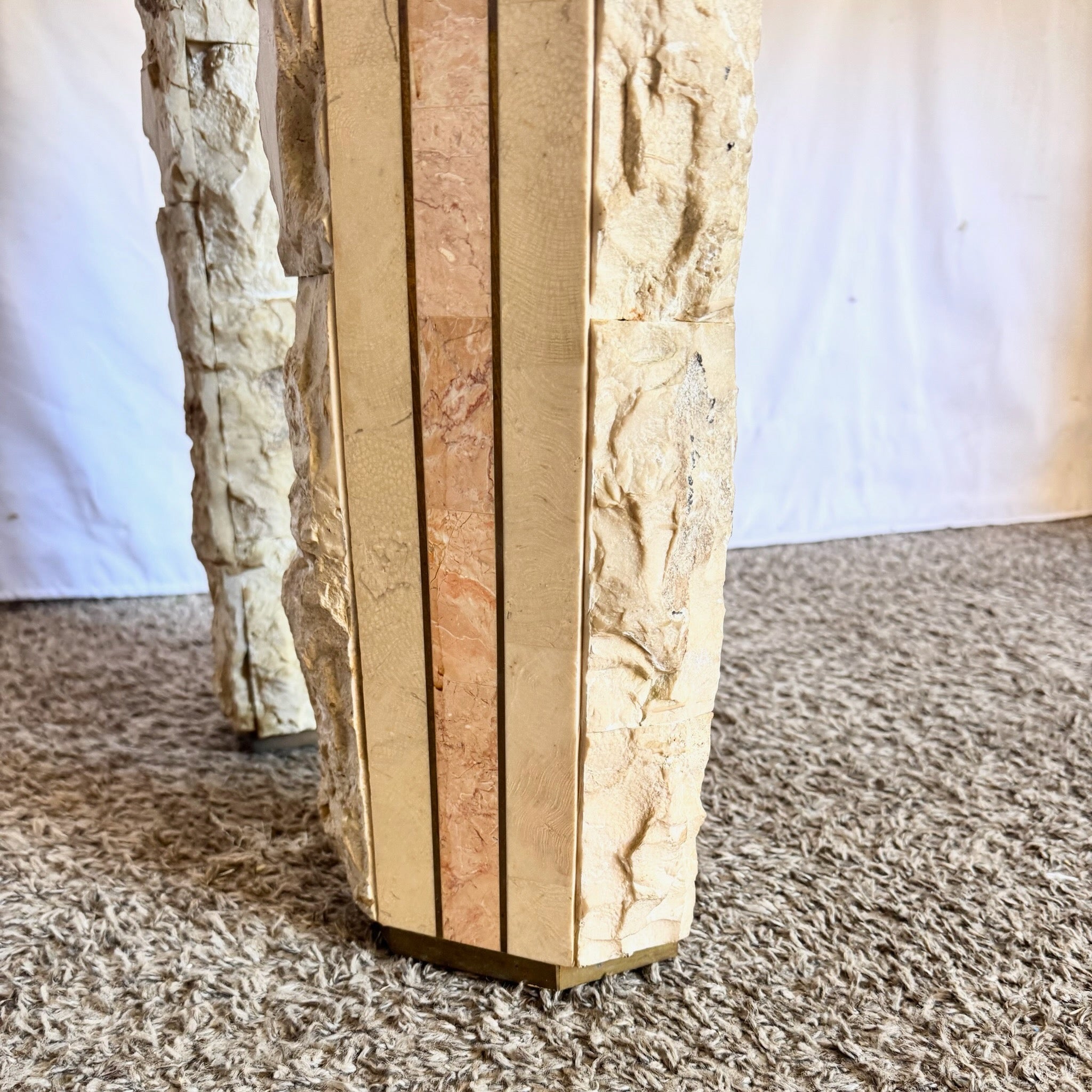 Postmodern Tessellated Beige and Pink Stone Console Table With Brass Inlay