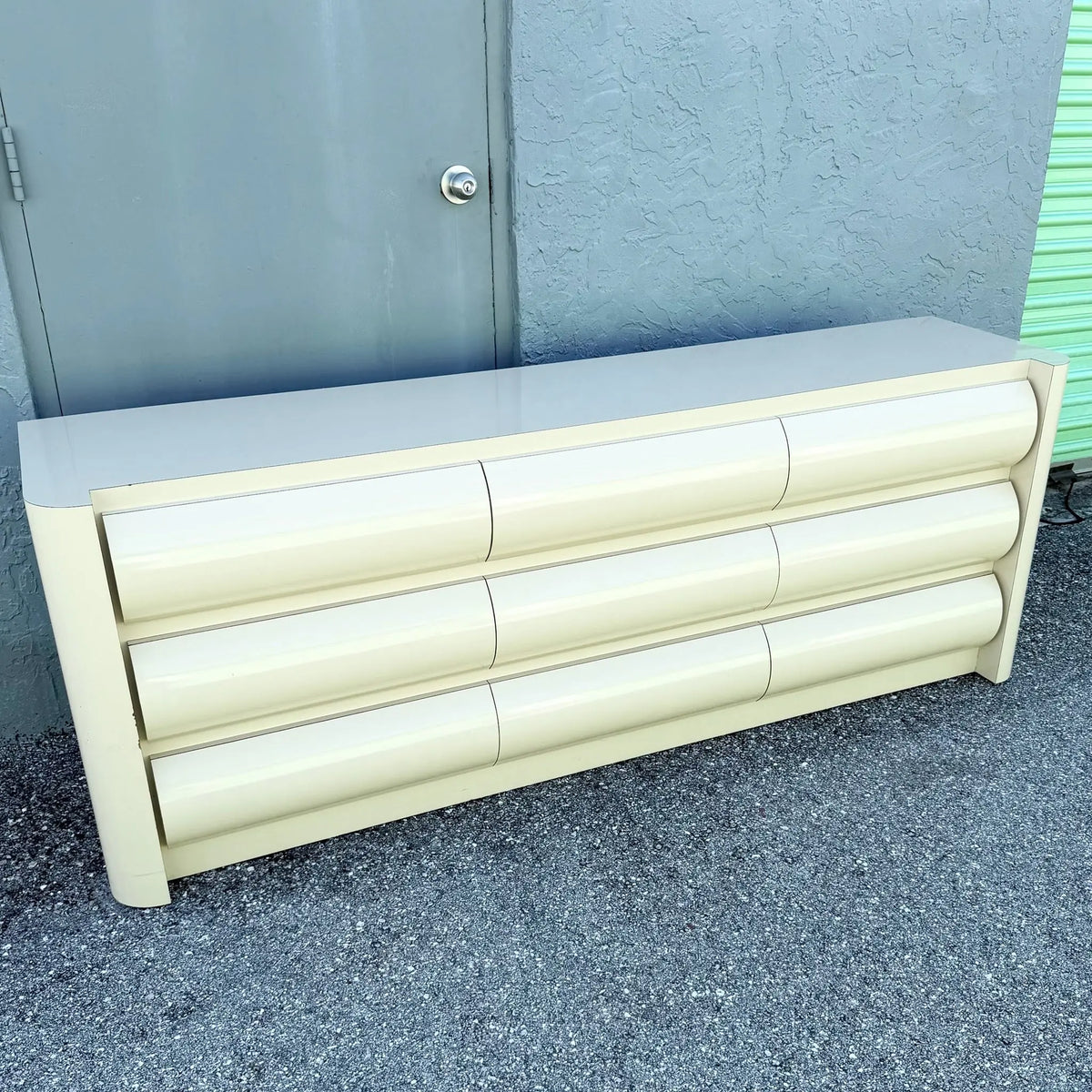 Postmodern Cream Lacquer Laminate Bullnose Dresser Dolphin & Flamingo