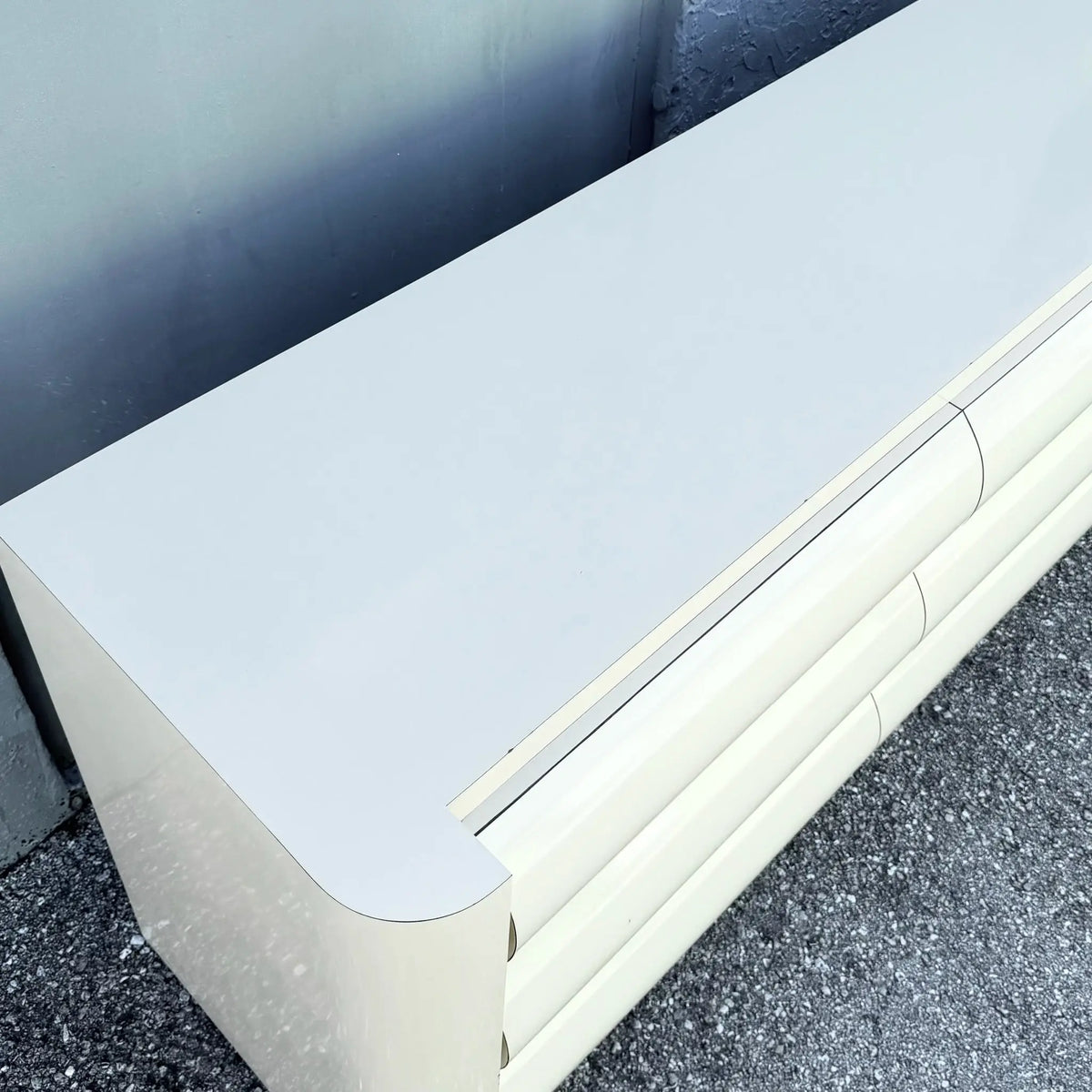 Postmodern Cream Lacquer Laminate Bullnose Dresser Dolphin & Flamingo