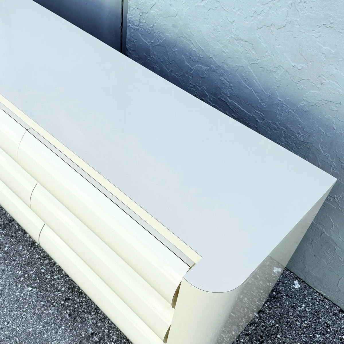 Postmodern Cream Lacquer Laminate Bullnose Dresser Dolphin & Flamingo