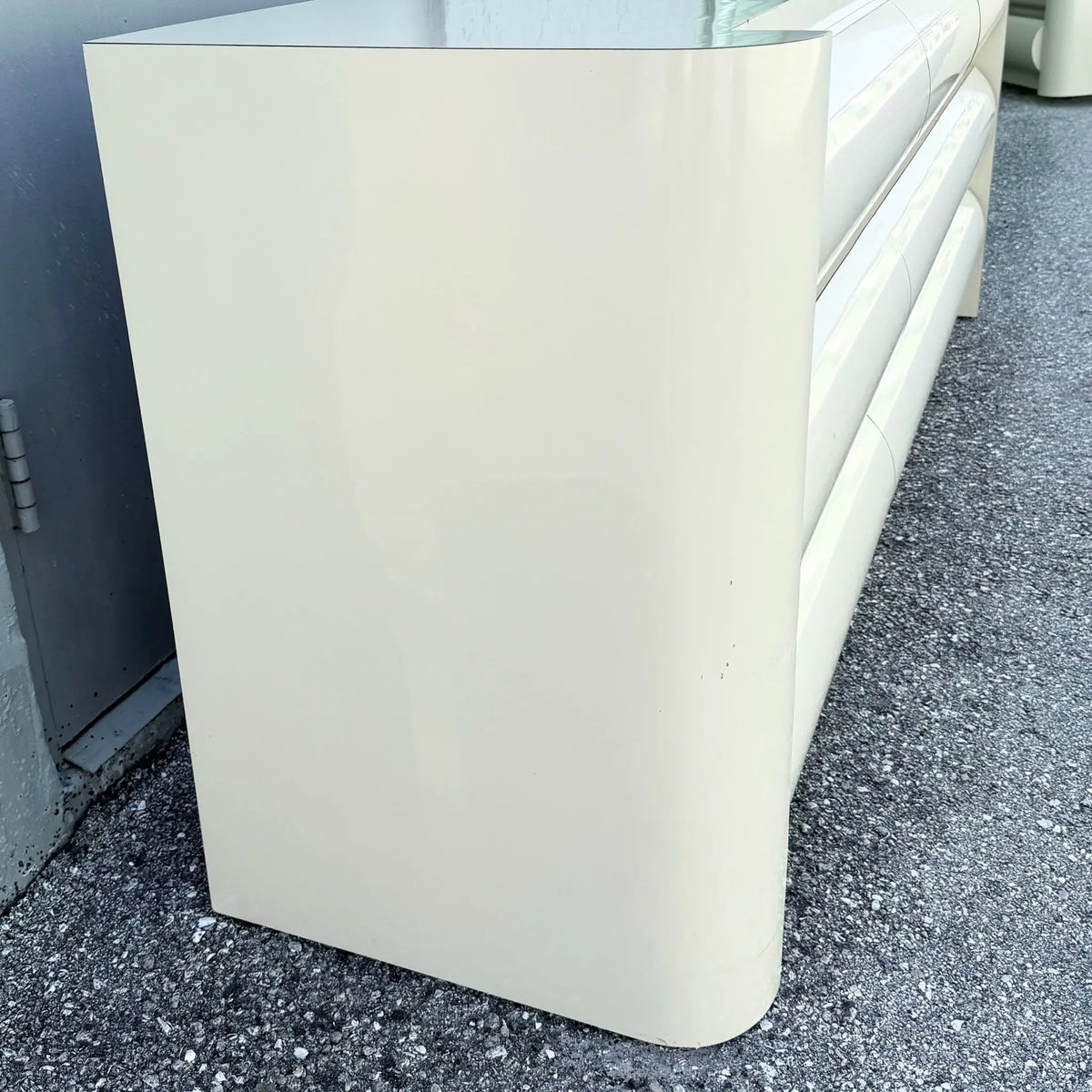 Postmodern Cream Lacquer Laminate Bullnose Dresser Dolphin & Flamingo