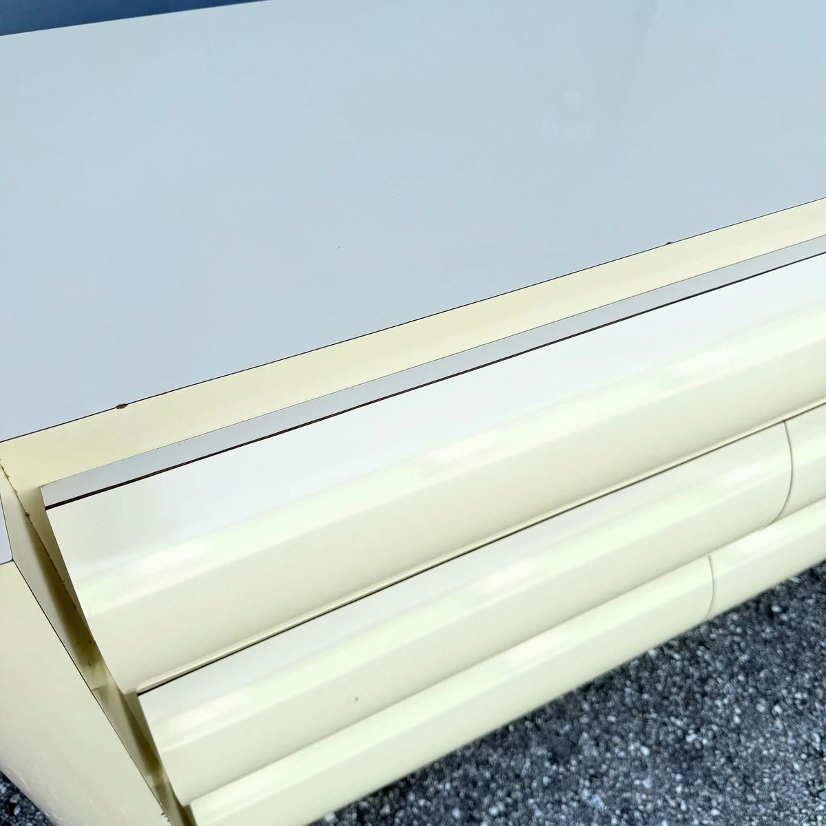 Postmodern Cream Lacquer Laminate Bullnose Dresser Dolphin & Flamingo