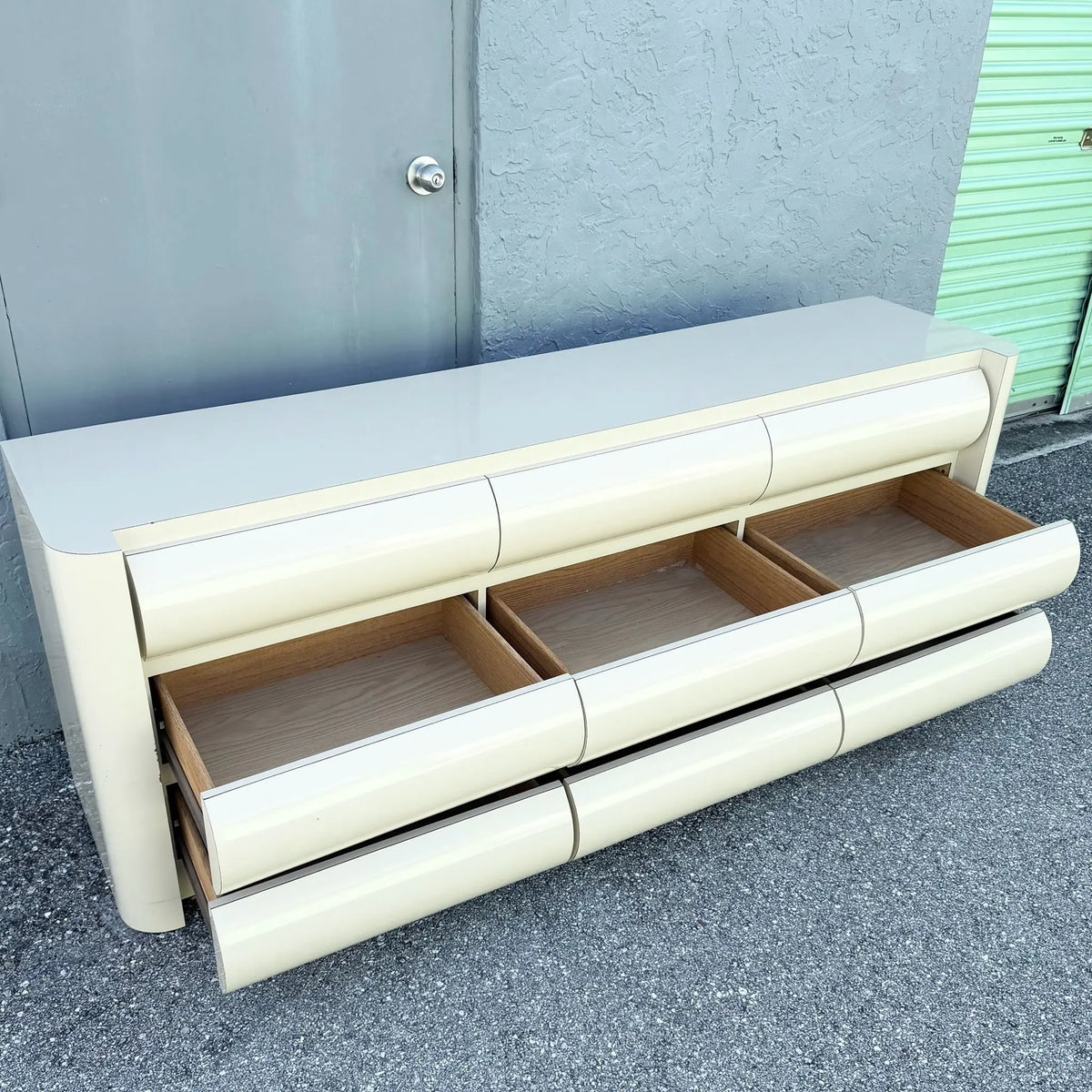 Postmodern Cream Lacquer Laminate Bullnose Dresser Dolphin & Flamingo