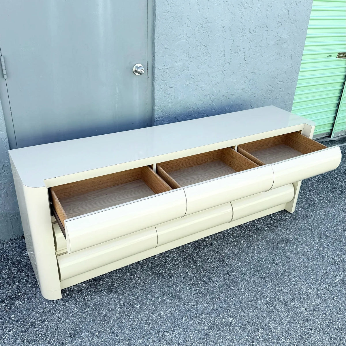 Postmodern Cream Lacquer Laminate Bullnose Dresser Dolphin & Flamingo