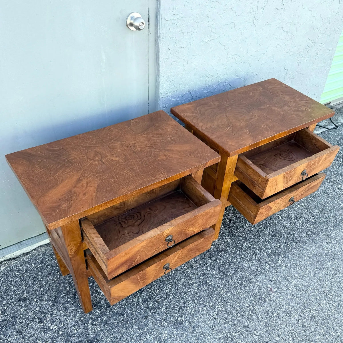 Vintage Rustic Olive Burlwood Nightstands/Mini Chests - A Pair Dolphin & Flamingo