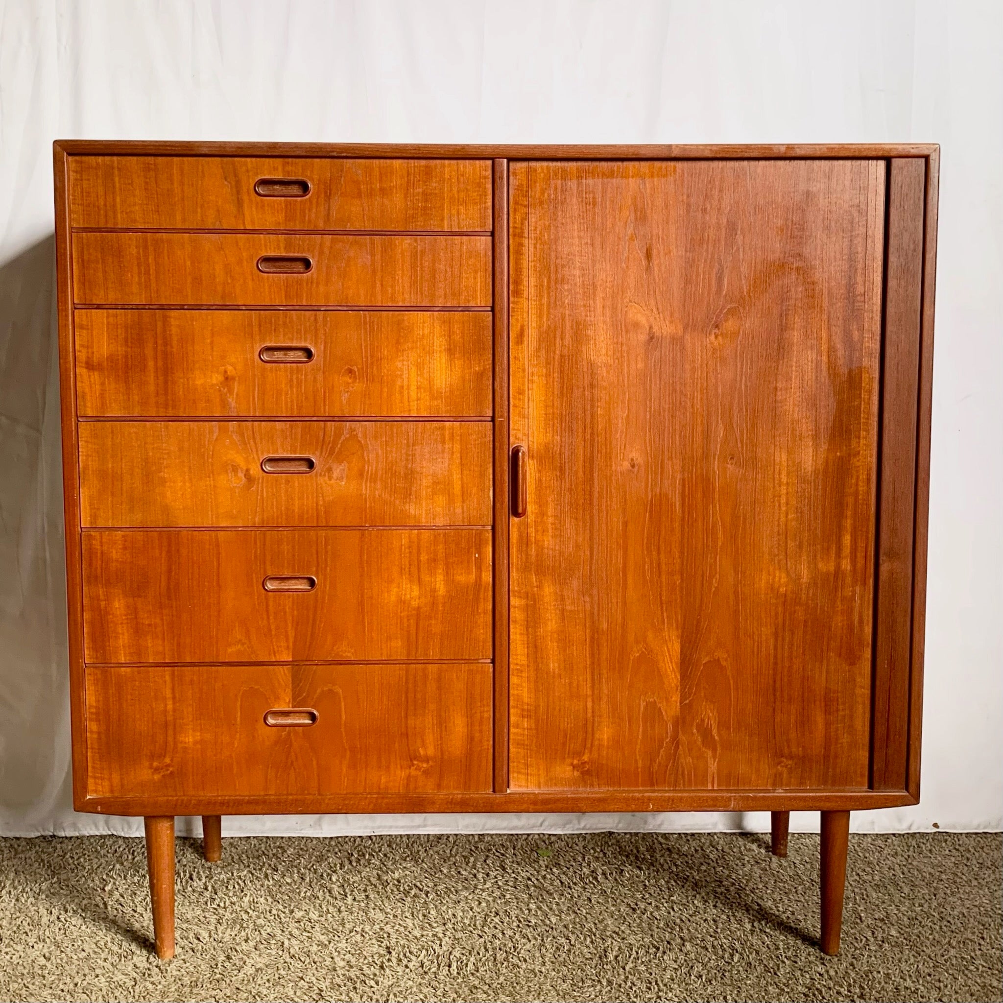 Danish Mid Century Modern Teak Tambour Door Highboy Dresser by Falster