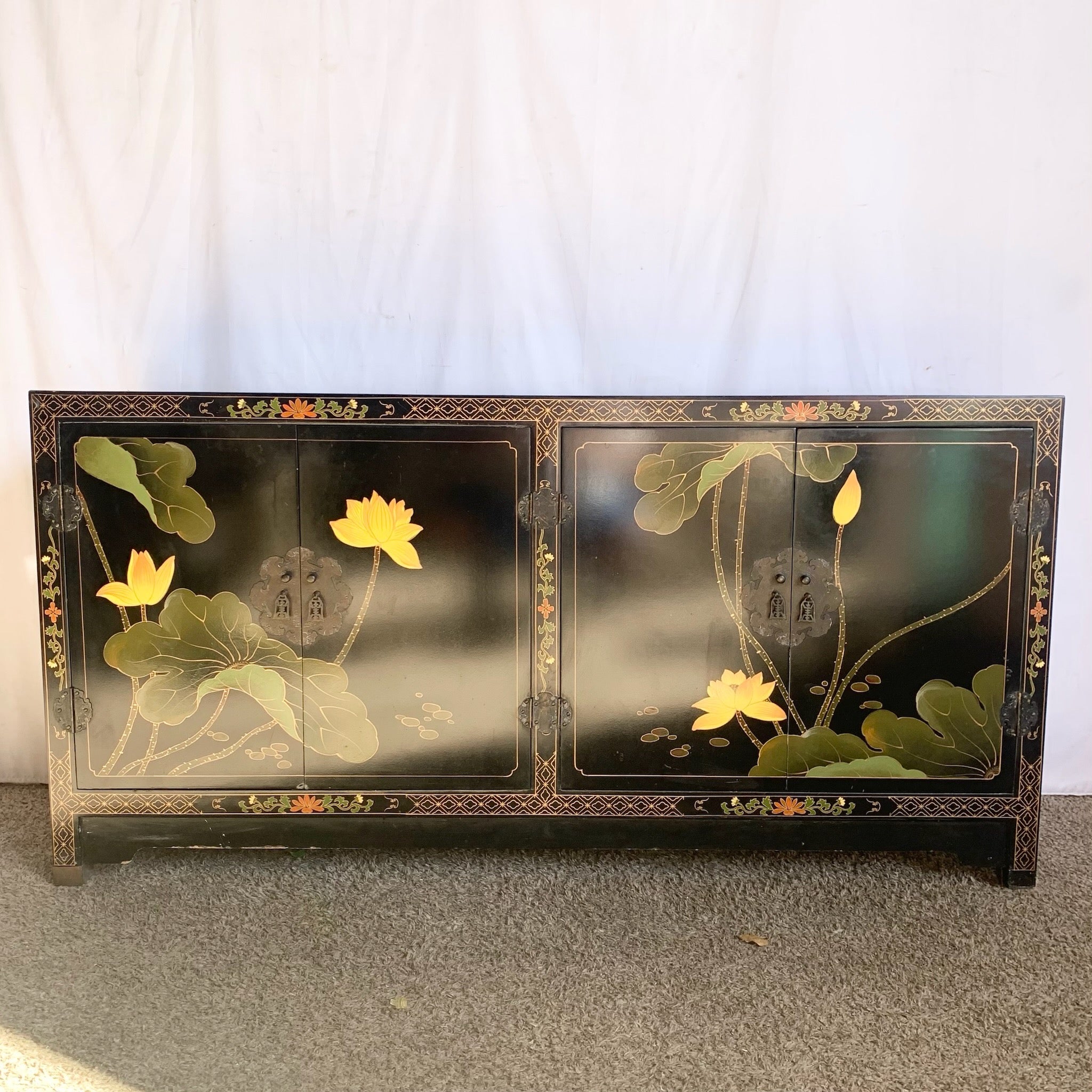 Vintage Chinese Black and Floral Hand Painted Credenza