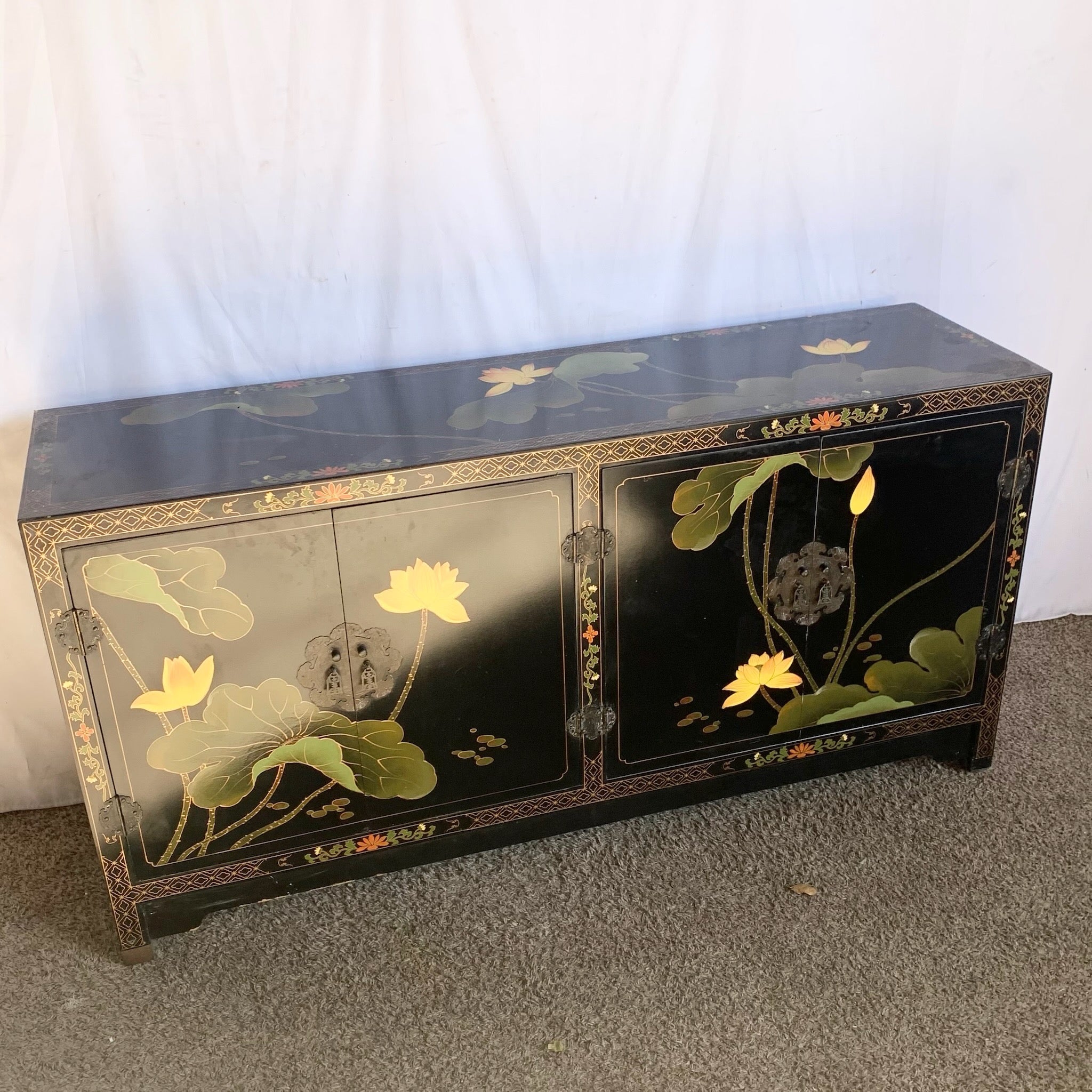 Vintage Chinese Black and Floral Hand Painted Credenza