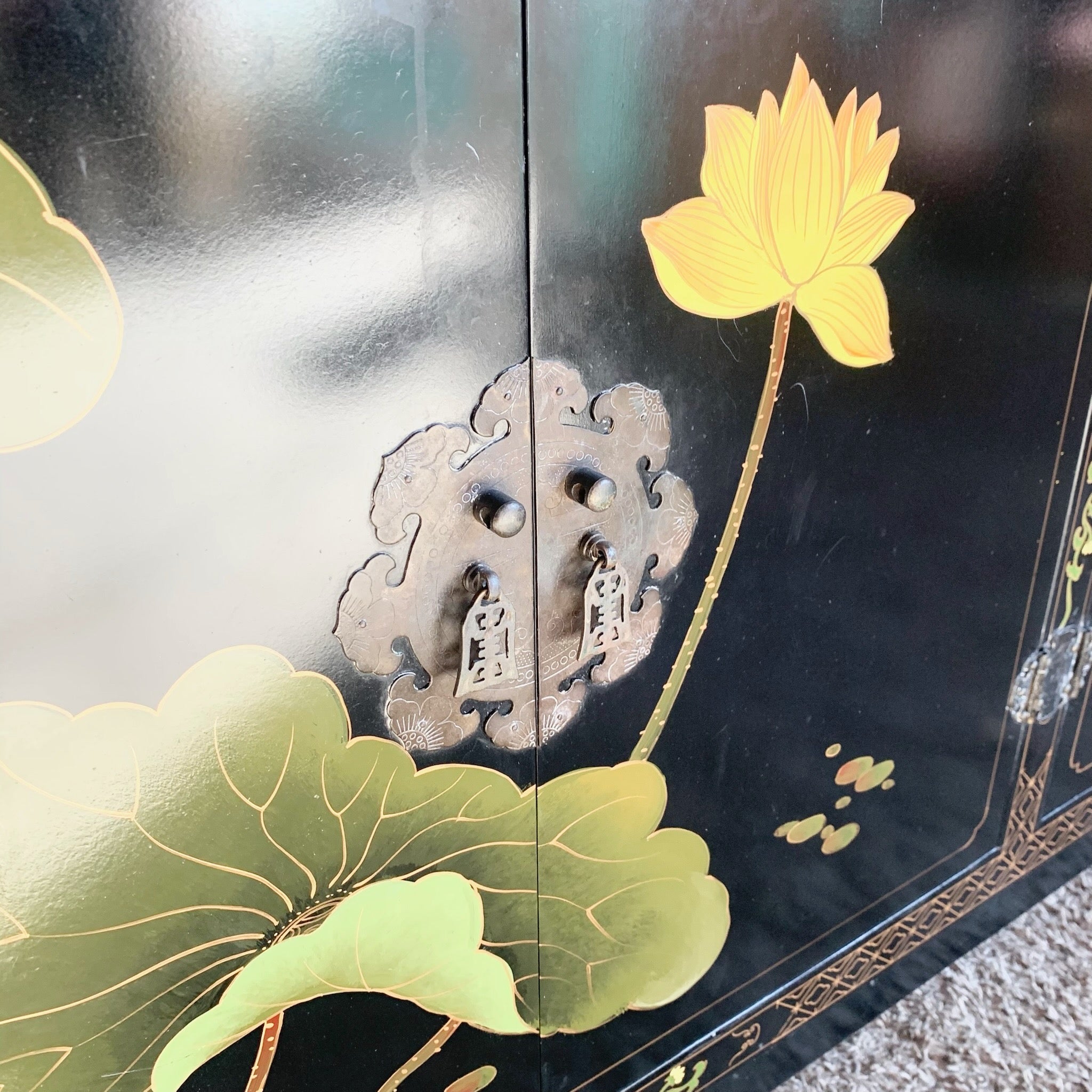 Vintage Chinese Black and Floral Hand Painted Credenza
