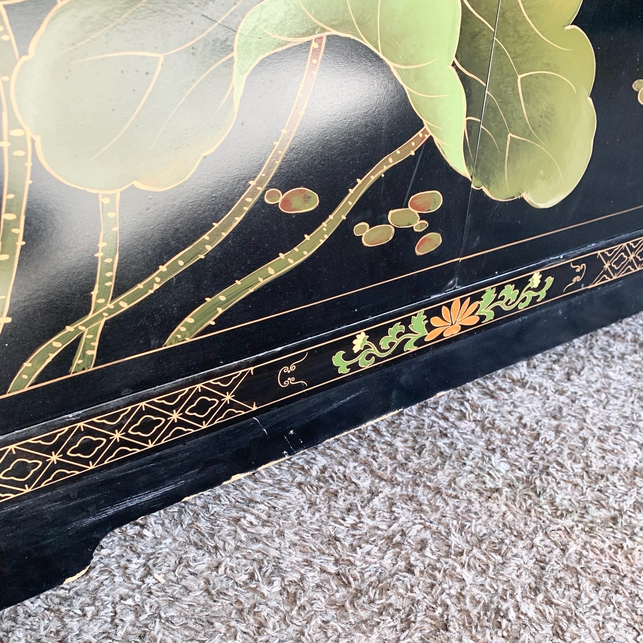Vintage Chinese Black and Floral Hand Painted Credenza
