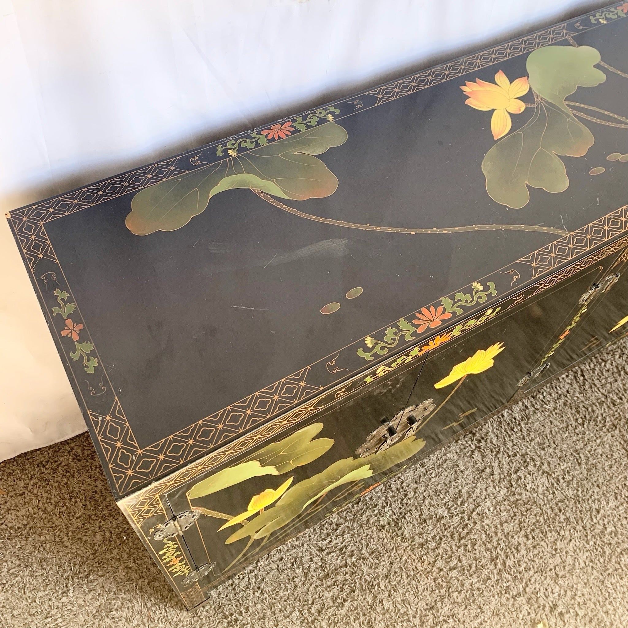 Vintage Chinese Black and Floral Hand Painted Credenza