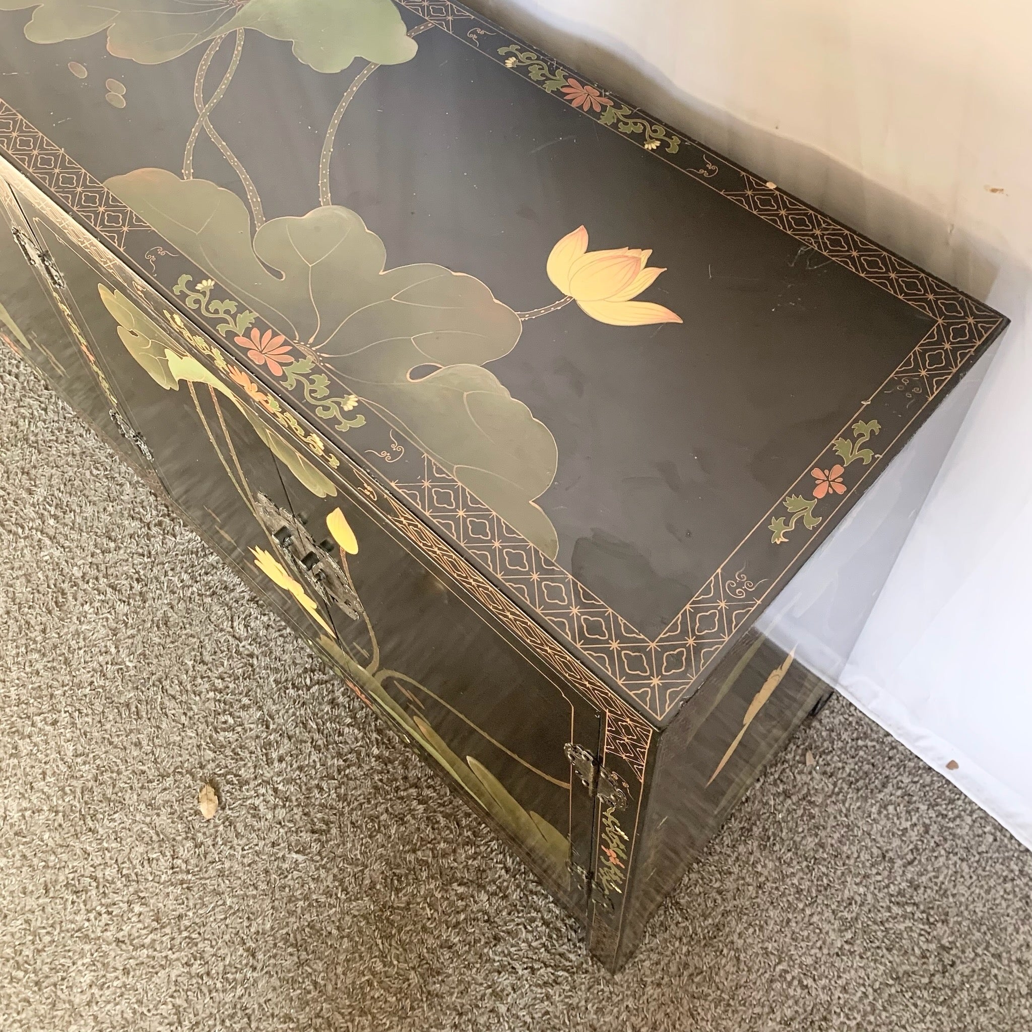 Vintage Chinese Black and Floral Hand Painted Credenza