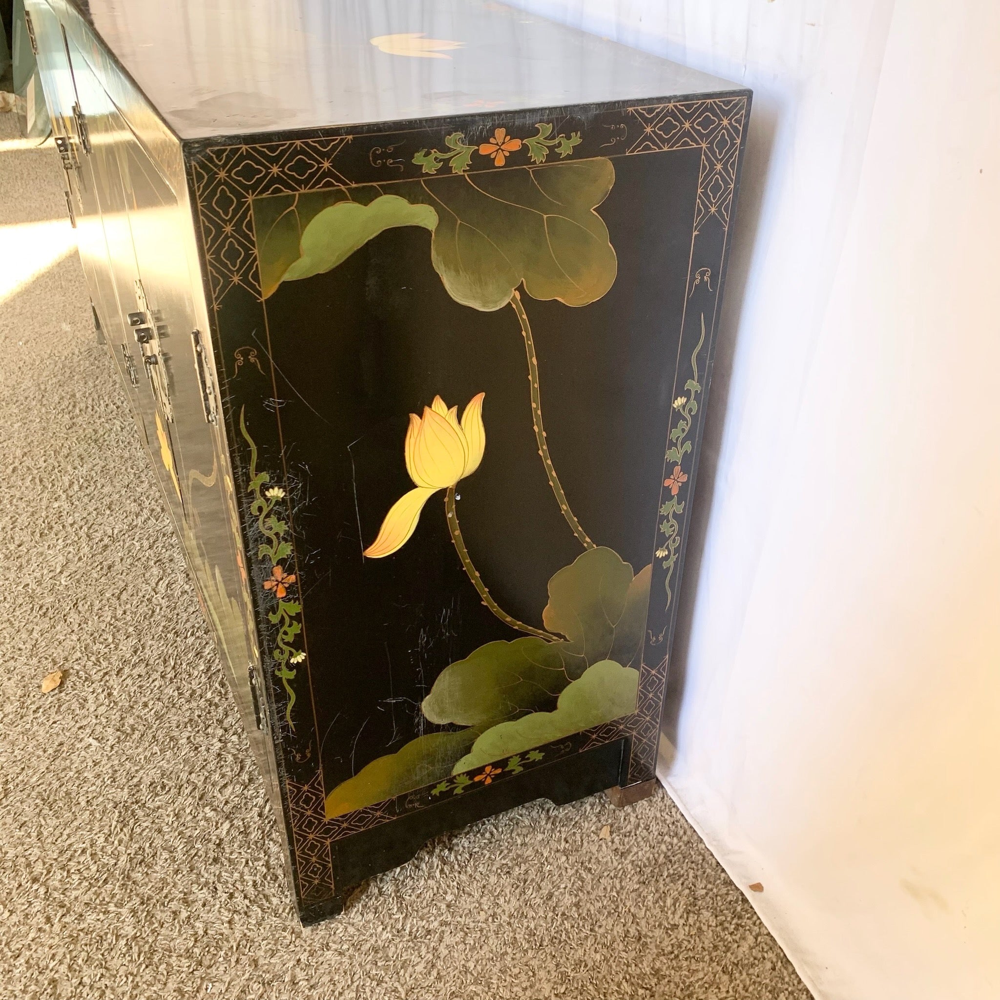 Vintage Chinese Black and Floral Hand Painted Credenza