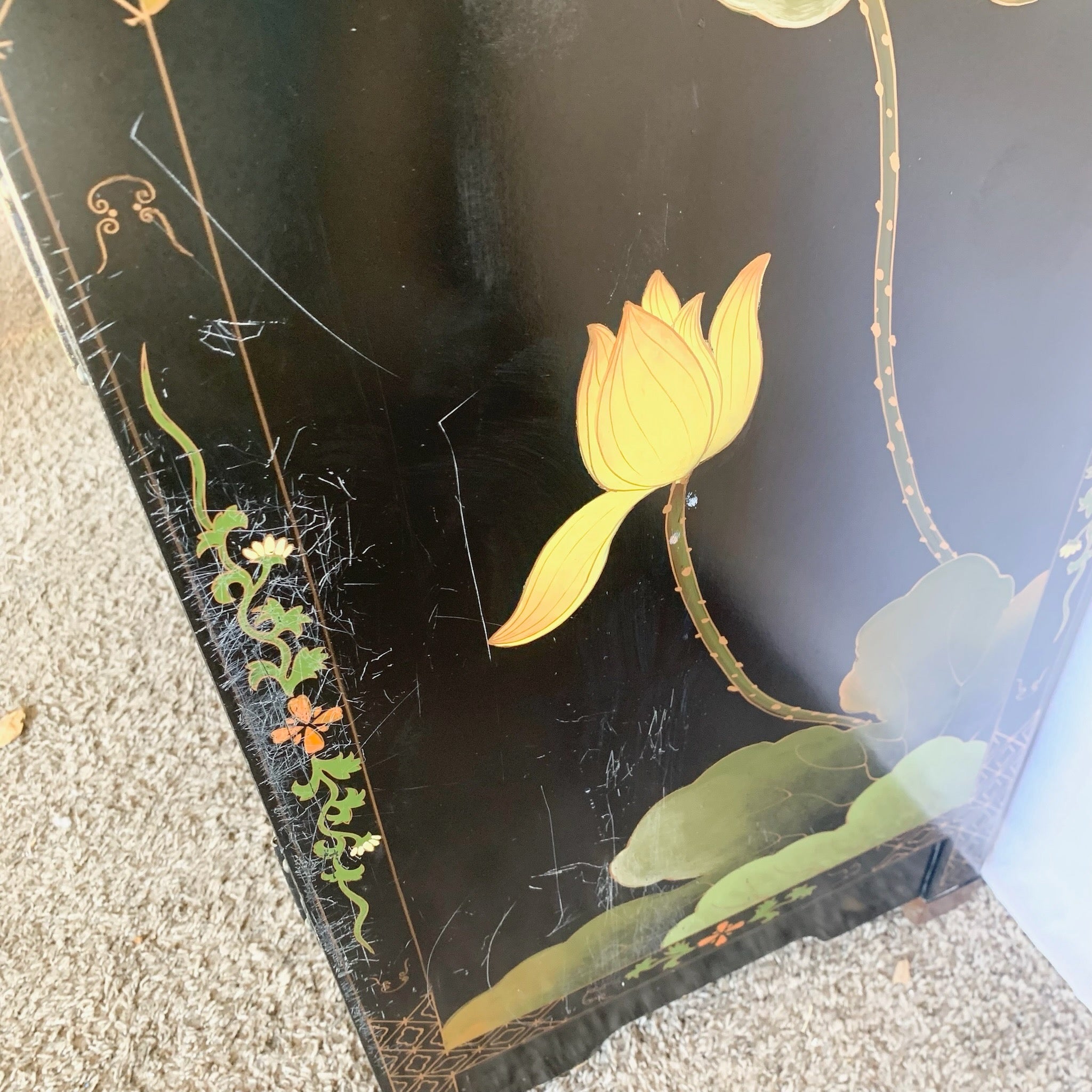 Vintage Chinese Black and Floral Hand Painted Credenza