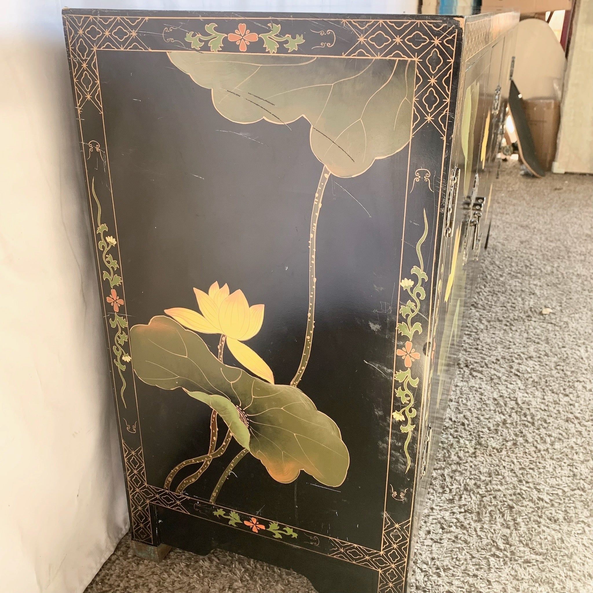 Vintage Chinese Black and Floral Hand Painted Credenza
