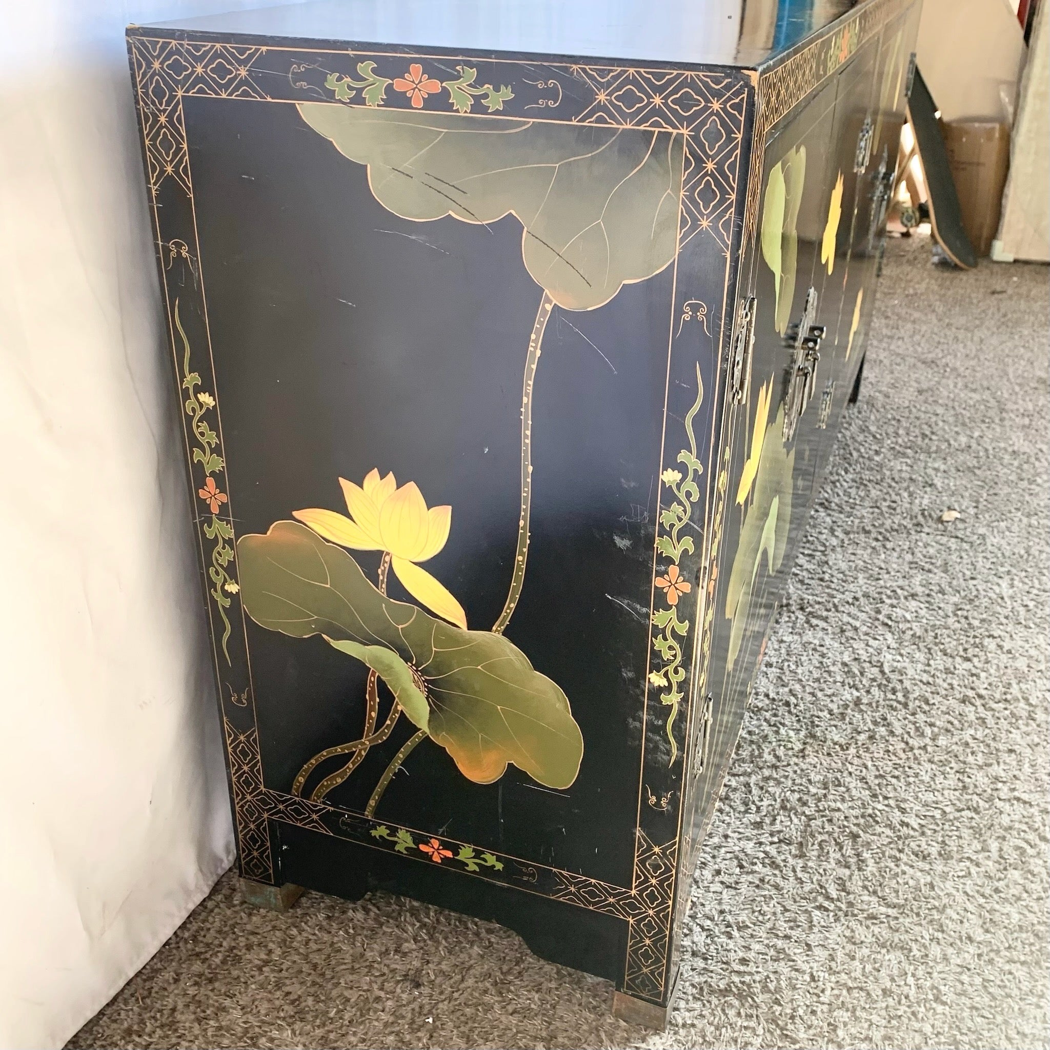 Vintage Chinese Black and Floral Hand Painted Credenza