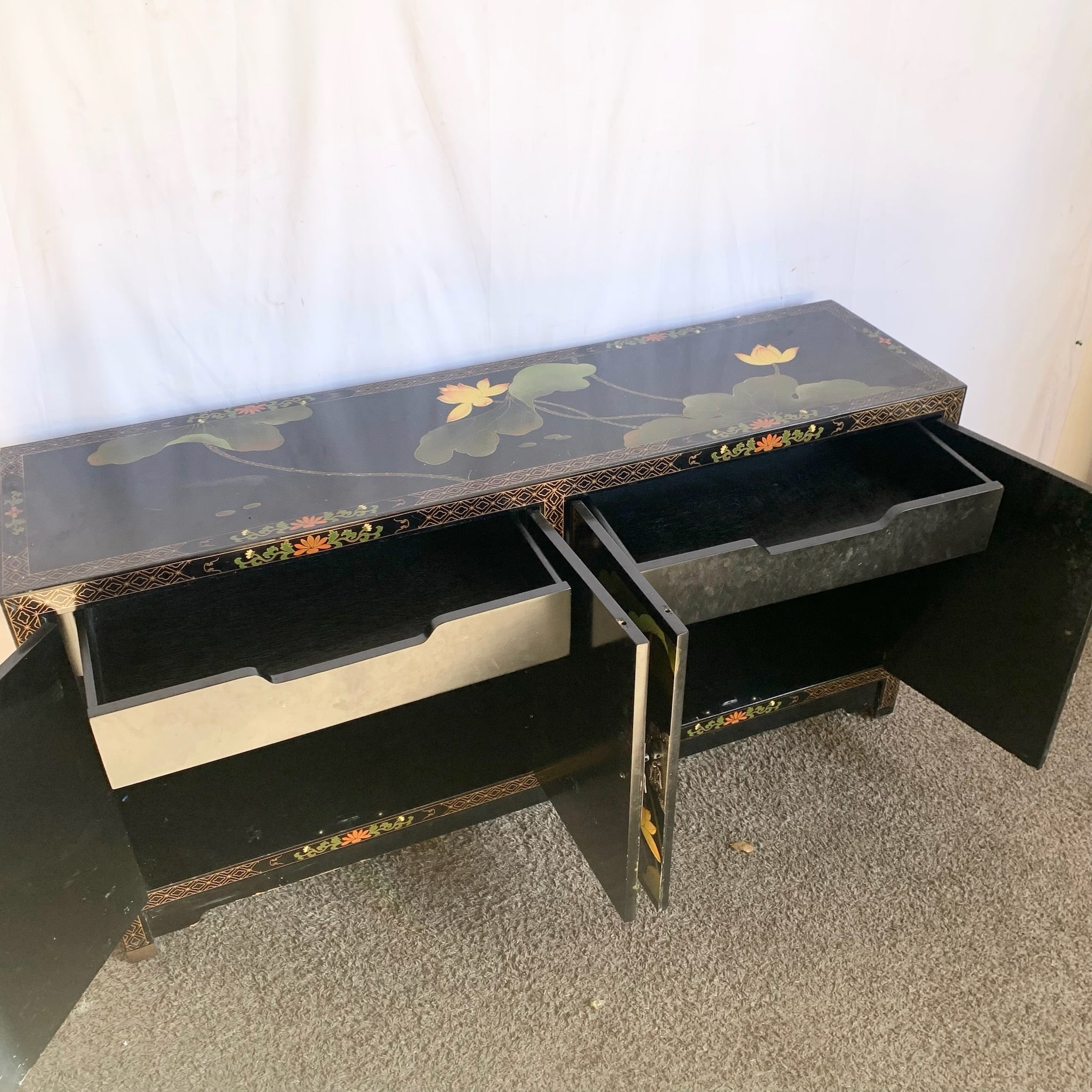 Vintage Chinese Black and Floral Hand Painted Credenza