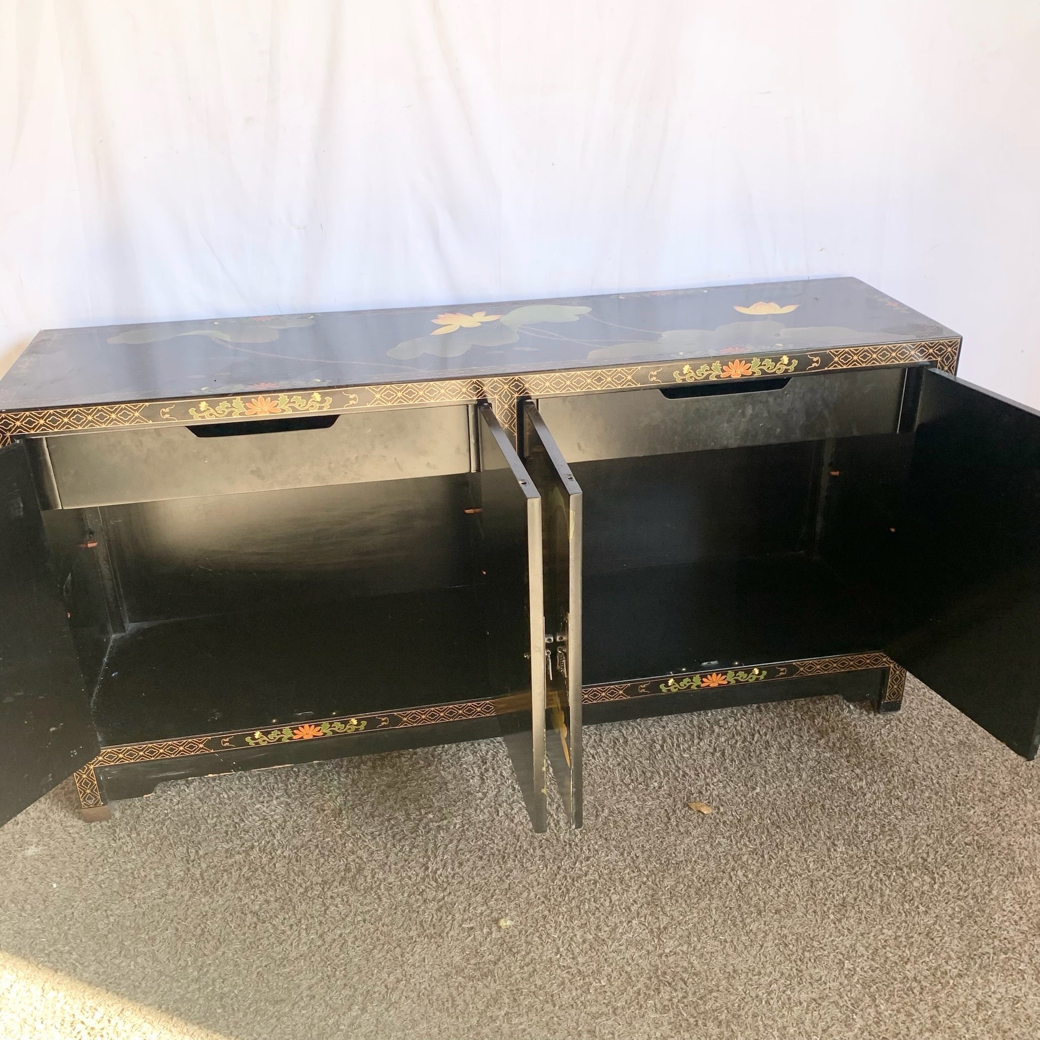 Vintage Chinese Black and Floral Hand Painted Credenza