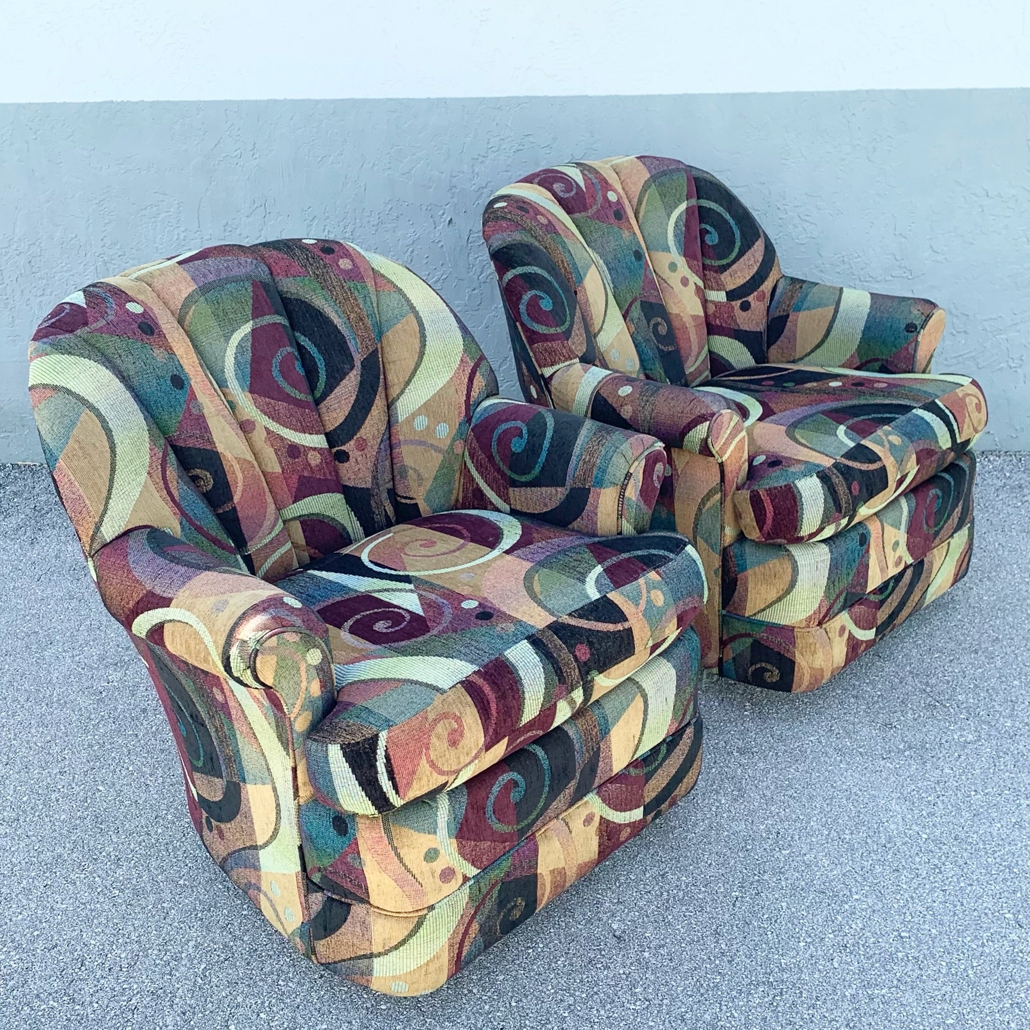 Vintage Postmodern Clam Shell Swivel Rocking Chairs - A Pair Dolphin & Flamingo