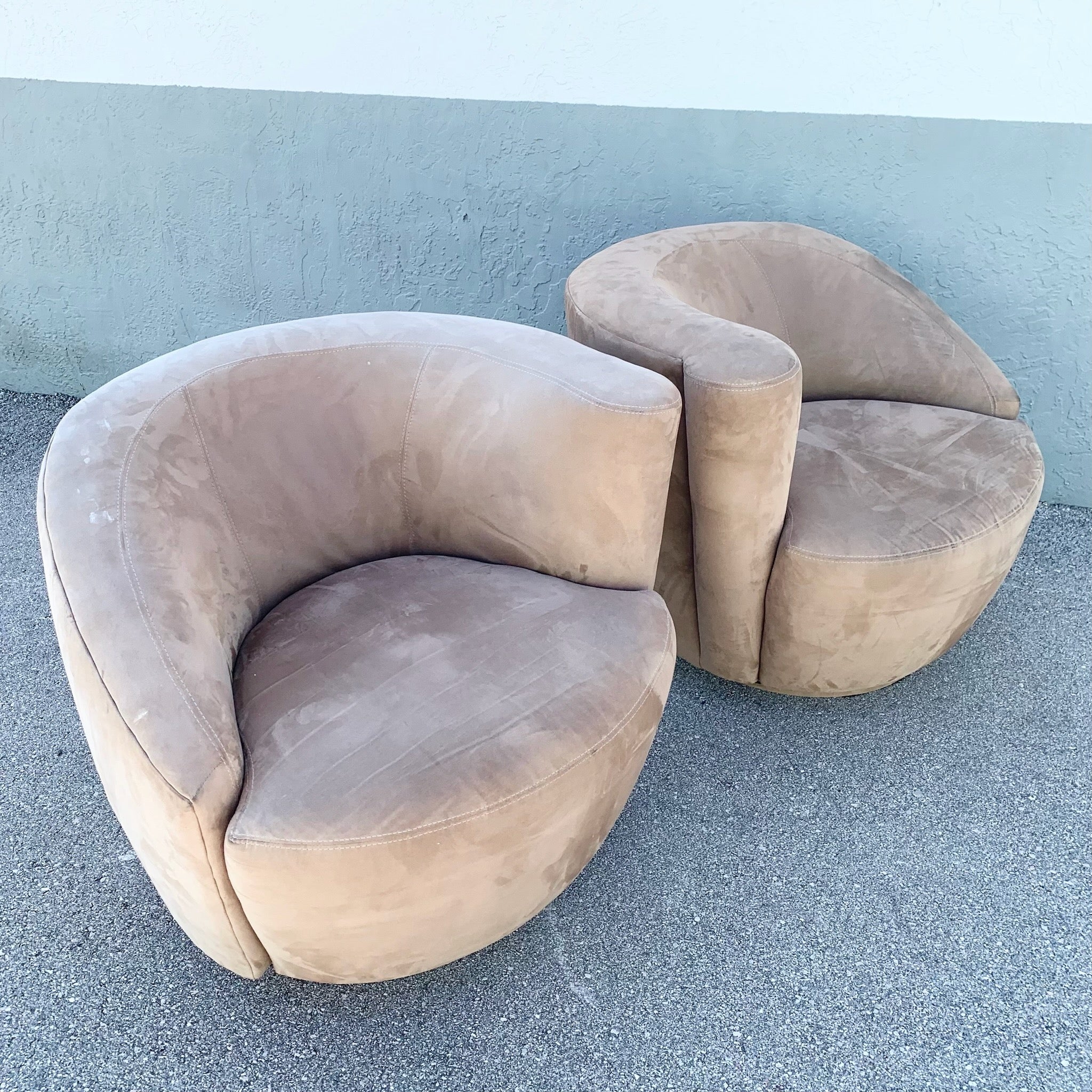 Postmodern Tan Nautilus Swivel Chairs - A Pair Dolphin & Flamingo