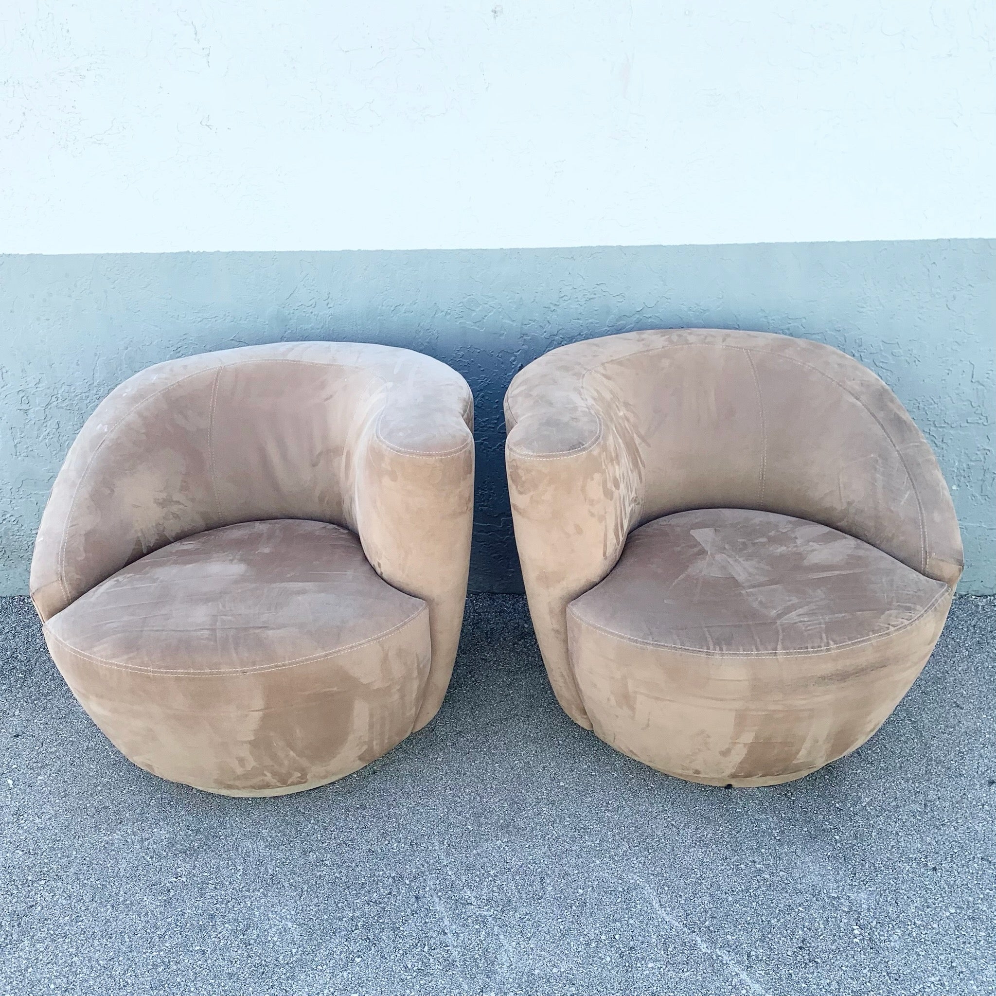 Postmodern Tan Nautilus Swivel Chairs - A Pair Dolphin & Flamingo