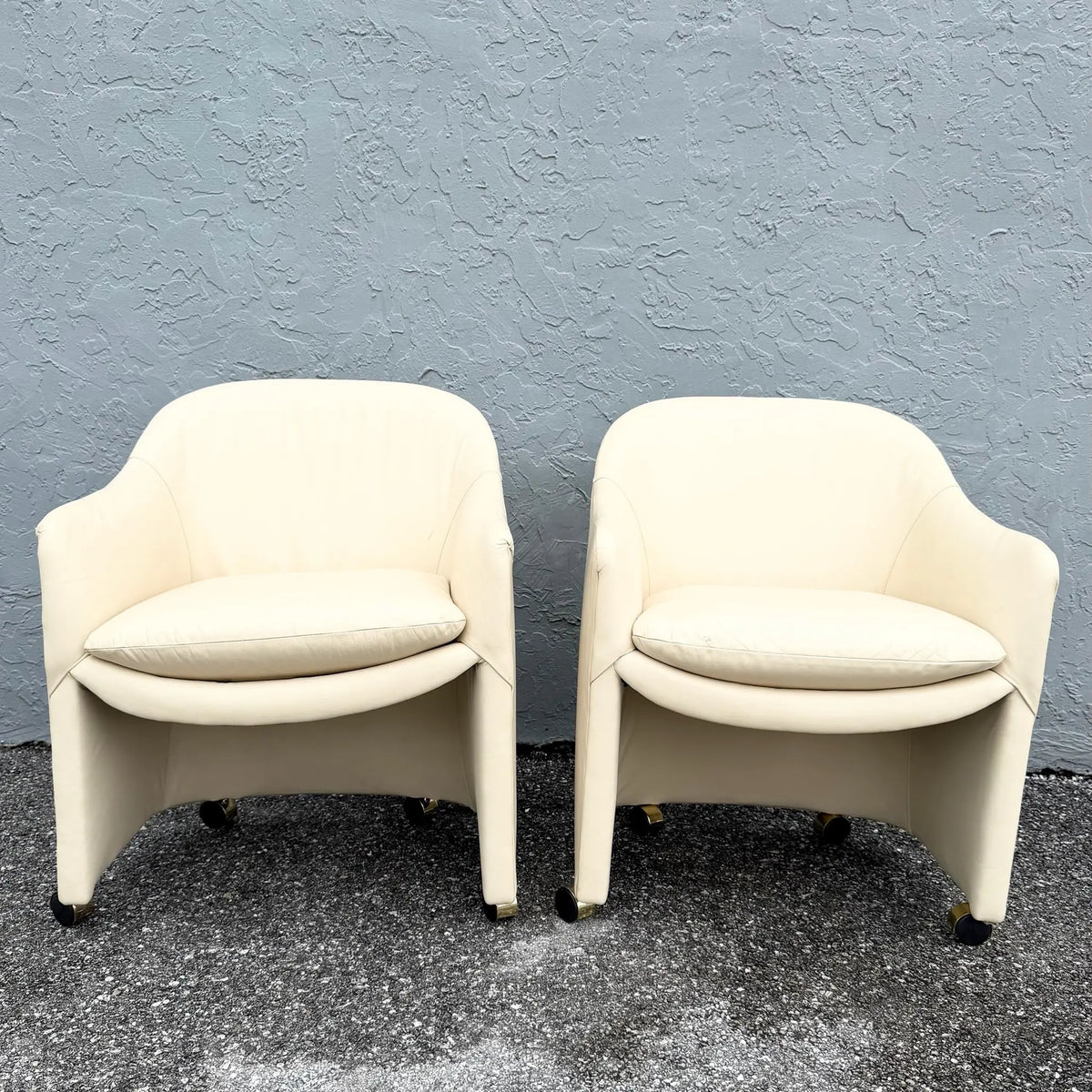 Vintage Postmodern Faux Leather Club Chairs on Caster by Thayer Coggin - A Pair Dolphin & Flamingo