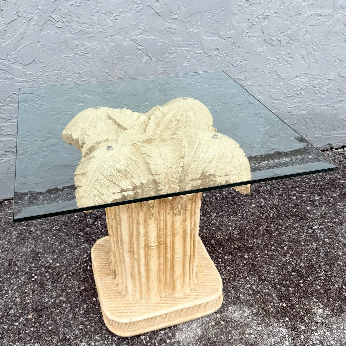Boho Chic Faux Bamboo Banana Leaf Glass Top Side Table Dolphin & Flamingo
